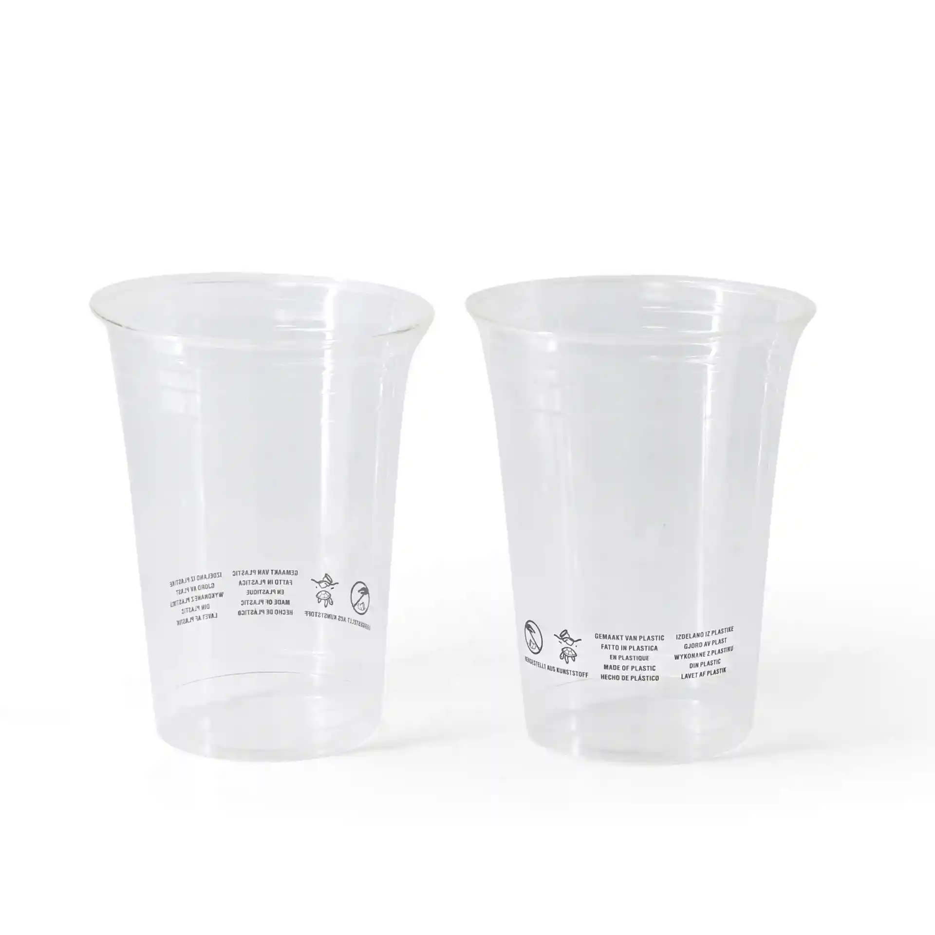 Deux gobelets en plastique PLA transparents, capacité de 400 ml, avec des marquages visibles sur le côté.