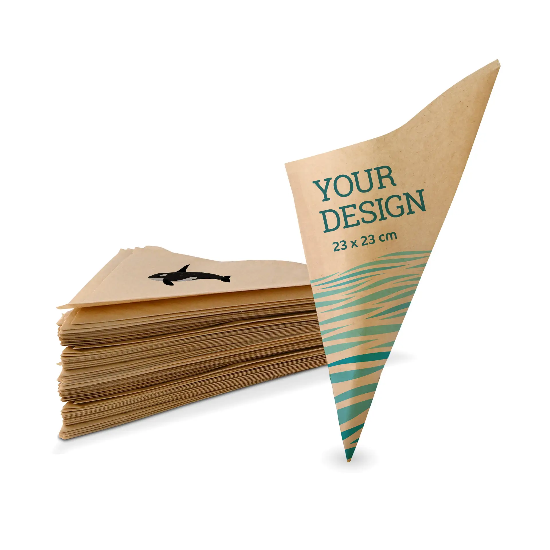 Sac en cône en papier brun personnalisé pour aliments, dimensions 23 × 23 cm, avec un design illustratif en arrière-plan.