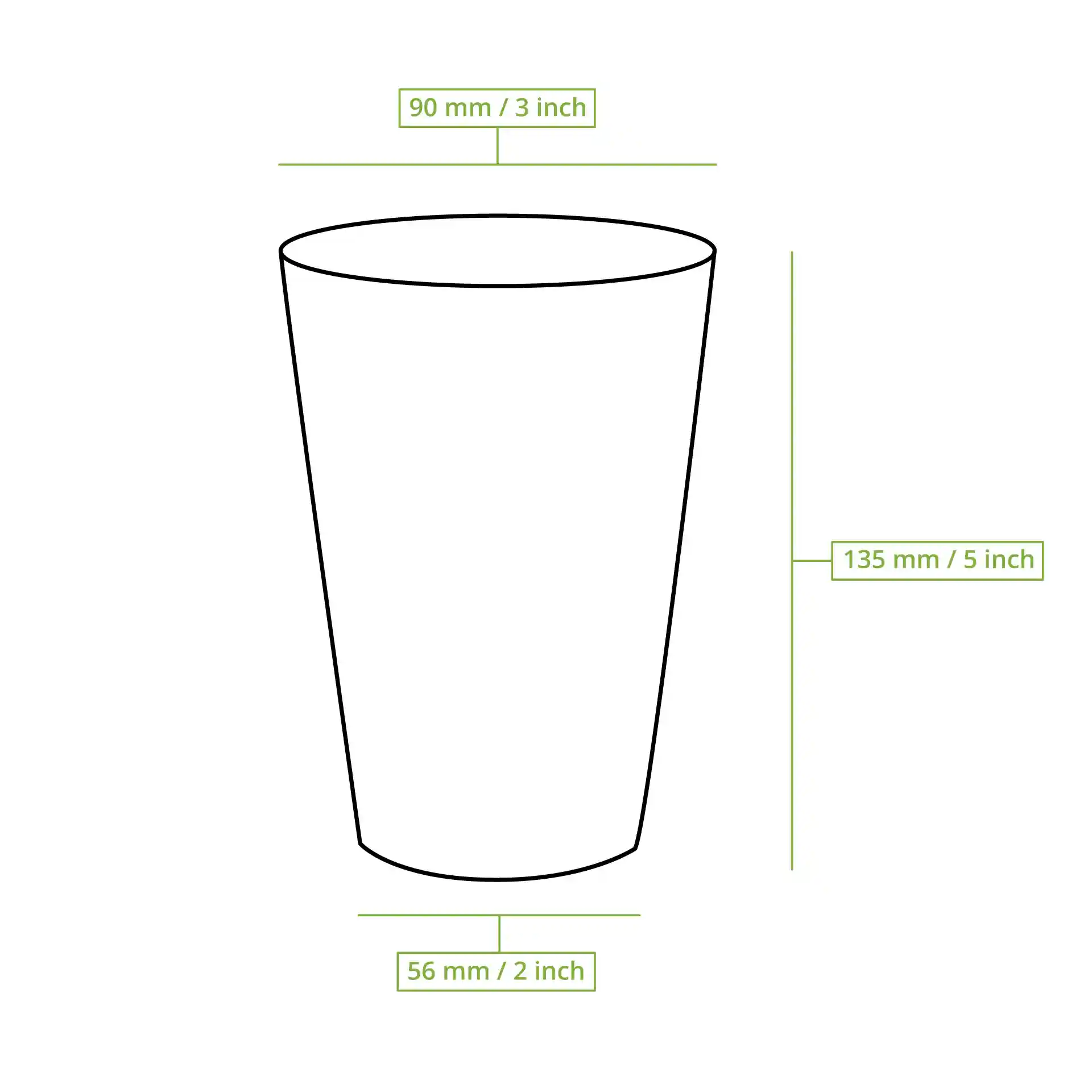 Dessin schématique d'un gobelet avec dimensions : hauteur 135 mm, diamètre supérieur 90 mm, diamètre inférieur 56 mm.