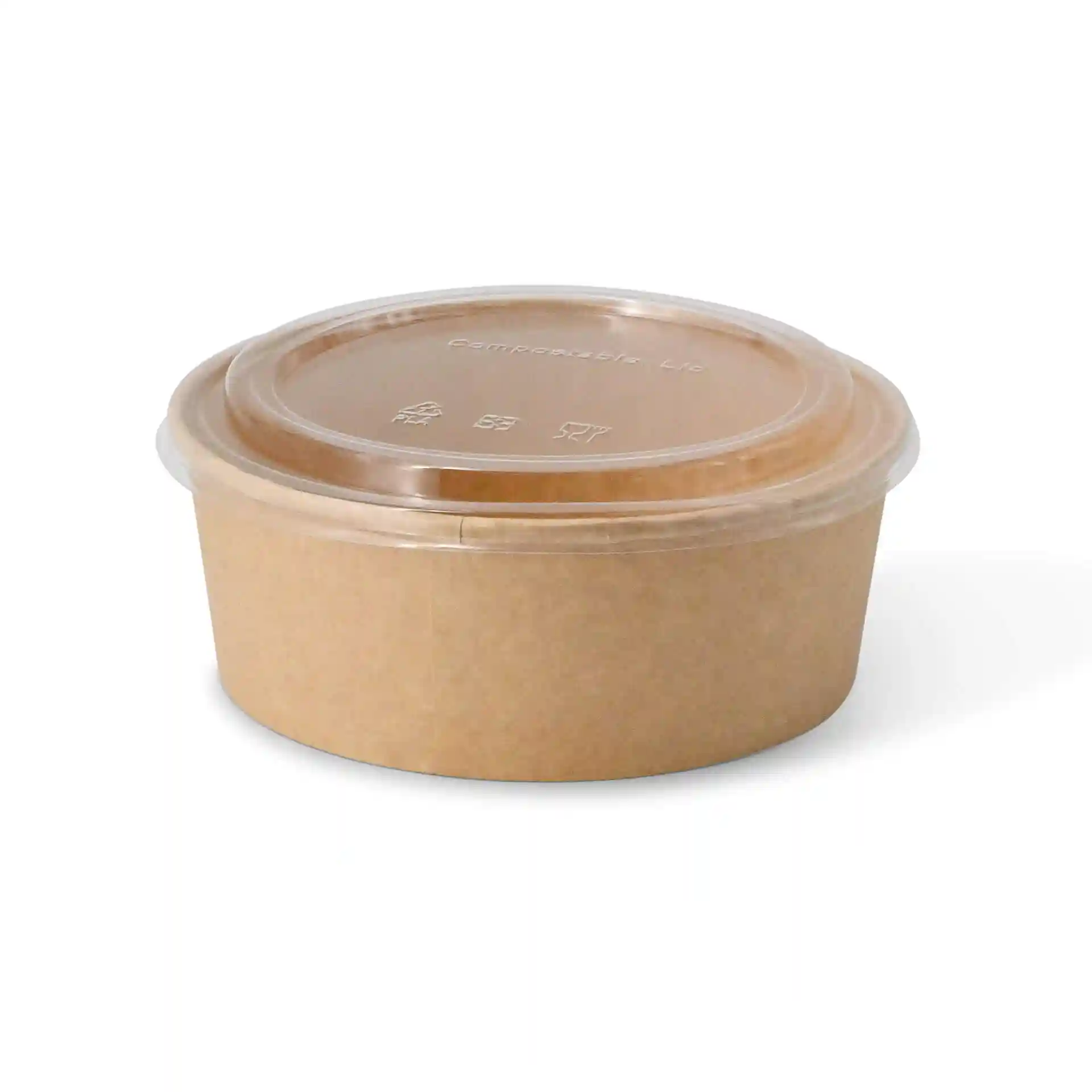Gobelet rond avec un couvercle en PLA transparent, base en papier brun et une hauteur de 17 mm.