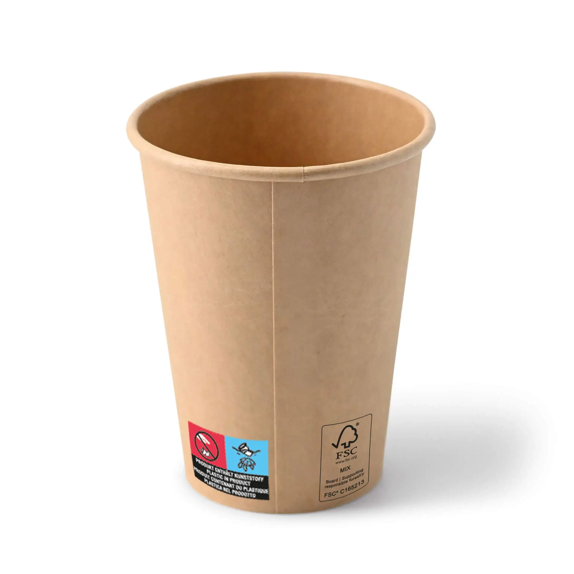 Un gobelet en papier brun de 12 oz avec un revêtement en PE; comporte des logos et des étiquettes sur le recyclage et la certification FSC.