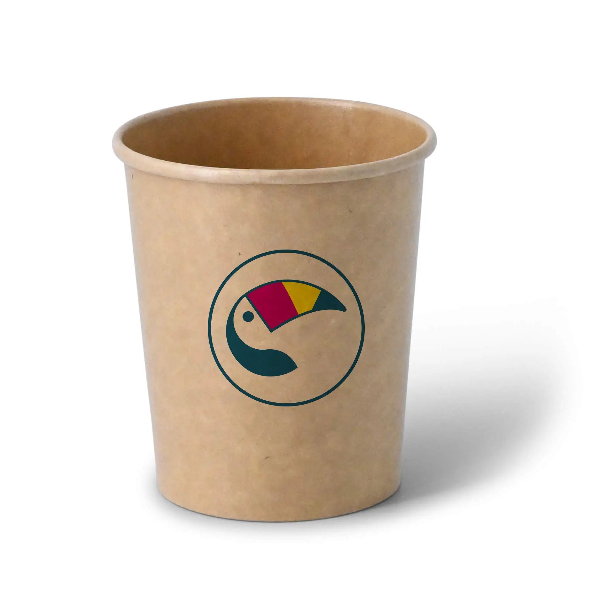 Cup de glace marron avec logo de toucan coloré, adapté pour des portions de 400 ml, disponible en option avec couvercle.
