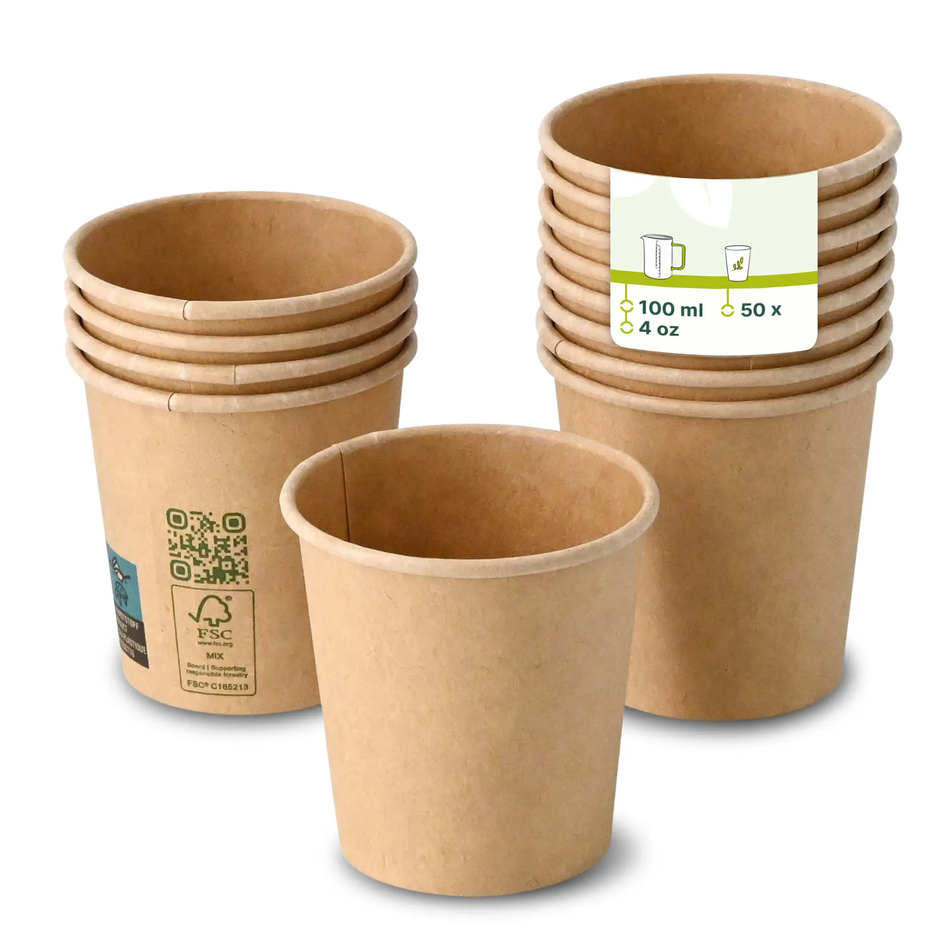 Un gobelet en papier enduit de PLA brun (100 ml / 4 oz) devant ; une pile de gobelets similaires derrière avec une étiquette montrant les détails du gobelet.