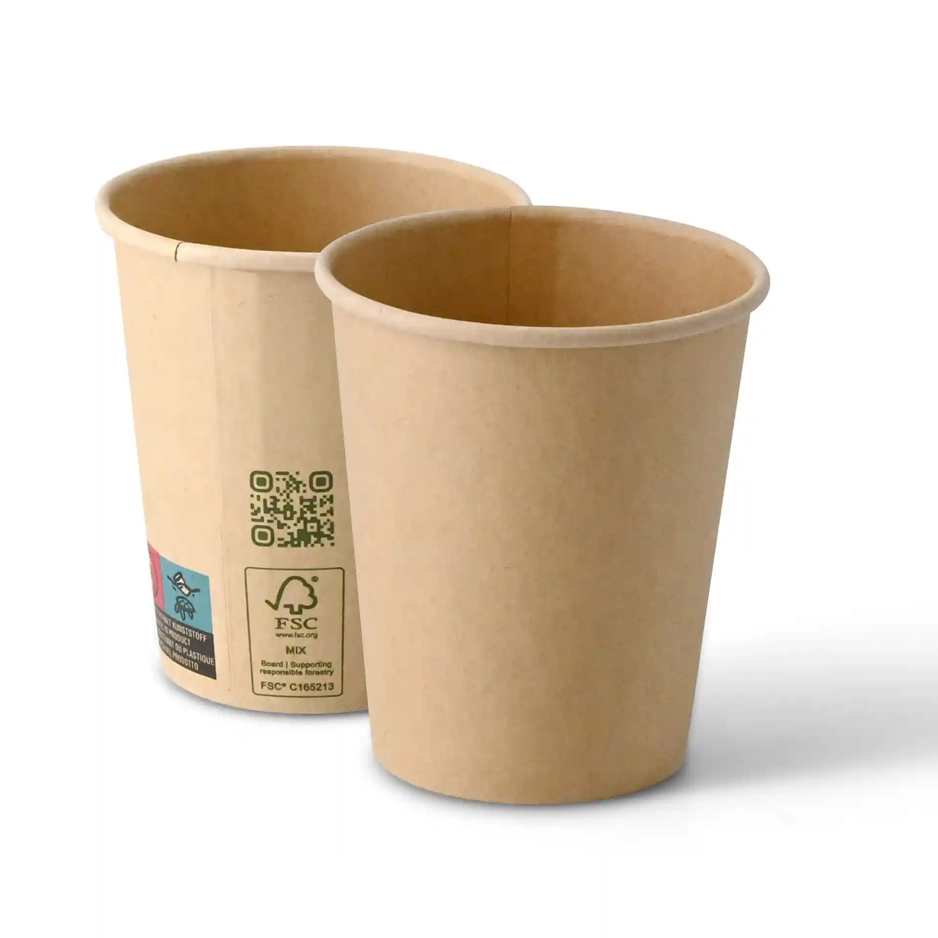 Gobelet en papier brun à paroi simple, capacité de 200 ml, montré de côté avec un autre gobelet derrière.