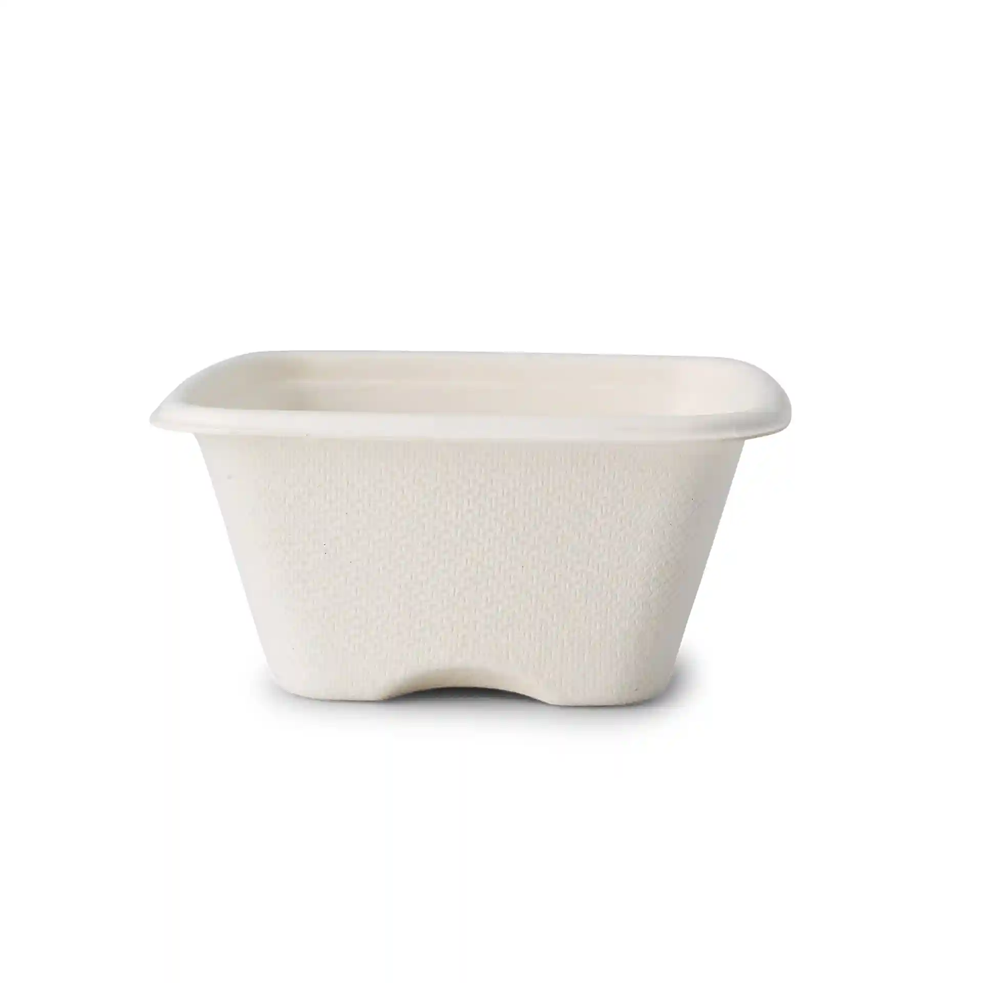 Gobelet portion carré en bagasse blanc, 100 ml, mesurant 81 x 81 x 37 mm, avec une surface texturée.