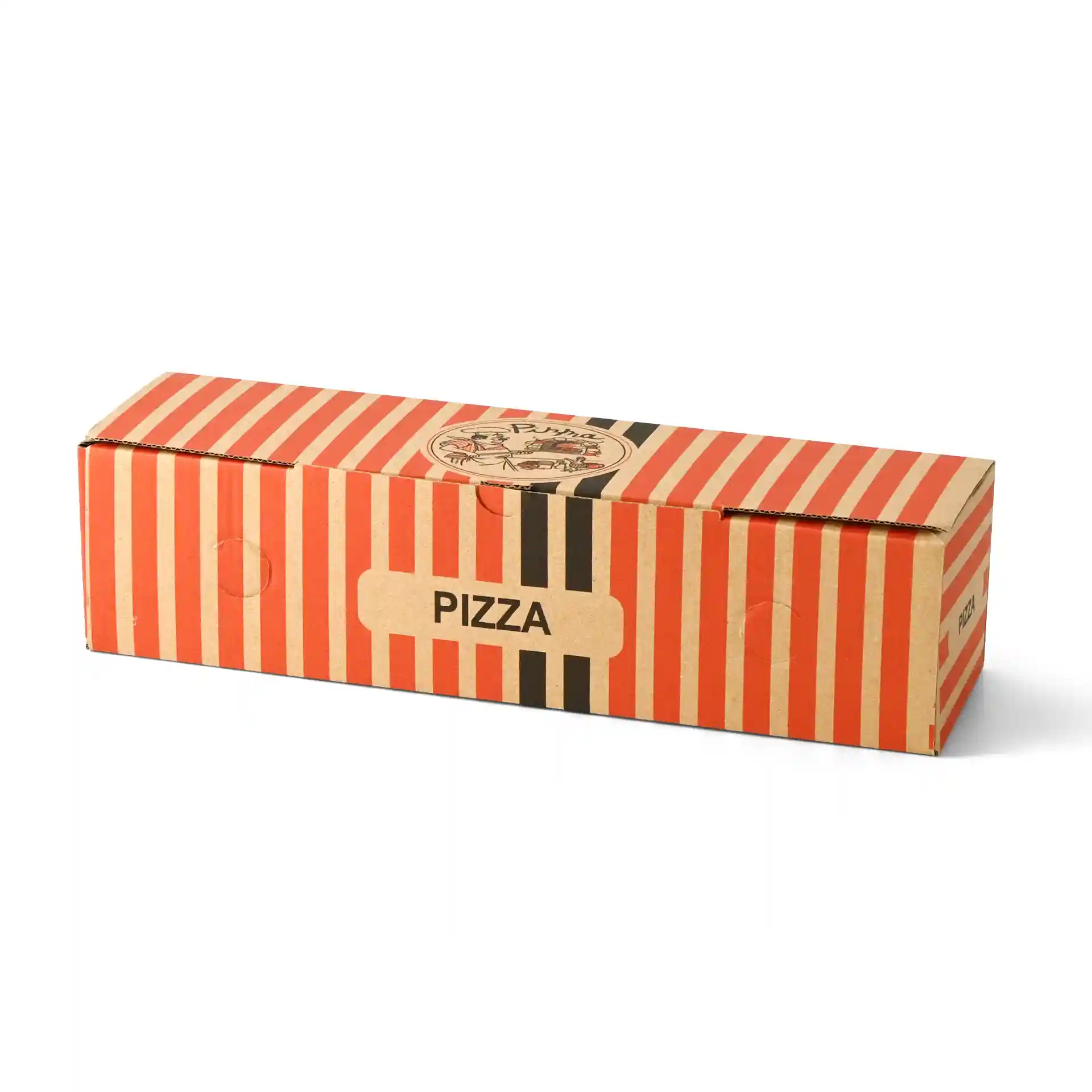 Boîte à pizza en carton avec des rayures rouges et noires, présentant un design de chef de pizza circulaire et le mot "PIZZA".