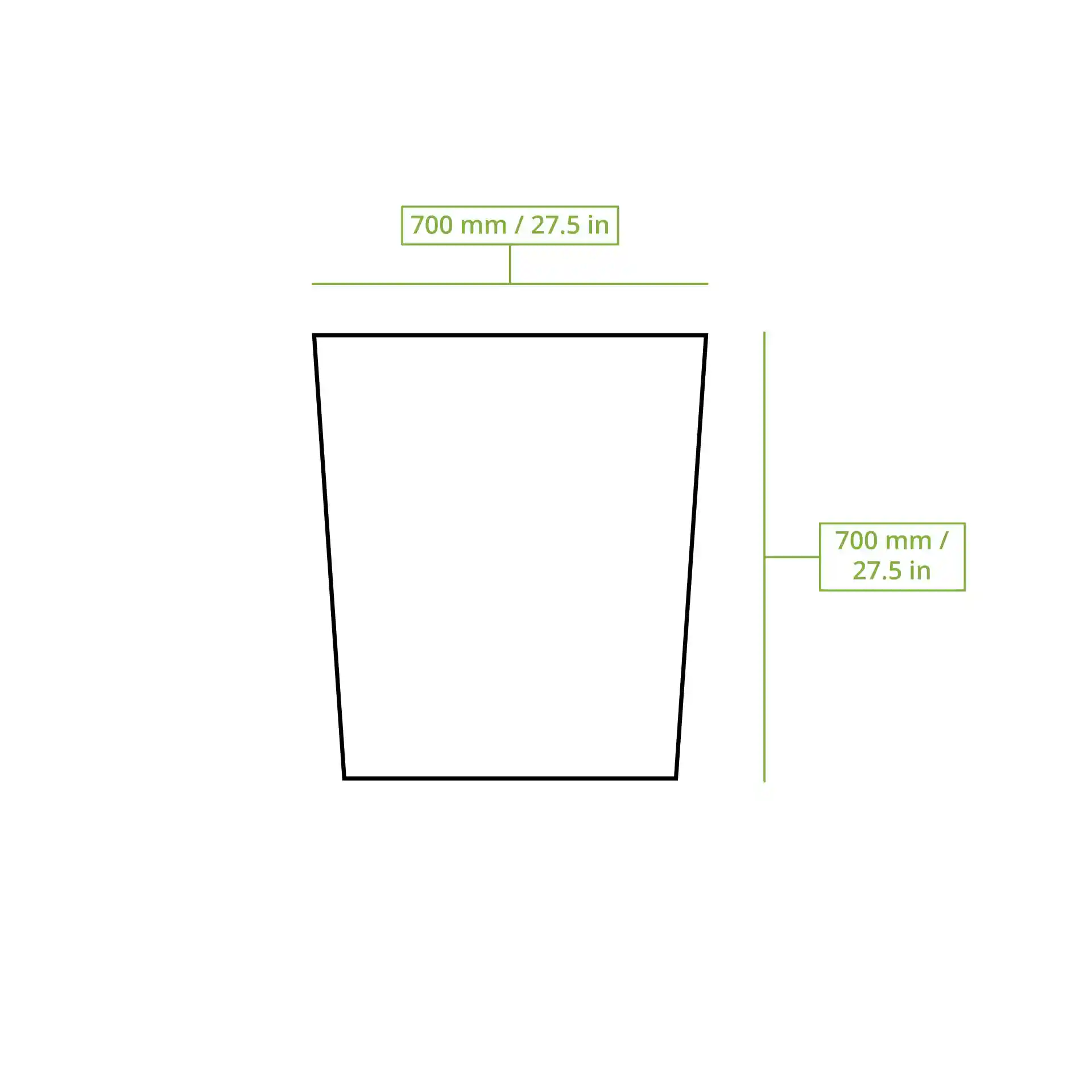Dessin schématique d'un conteneur carré avec des lignes de dimension indiquant 700 mm de hauteur et de largeur.