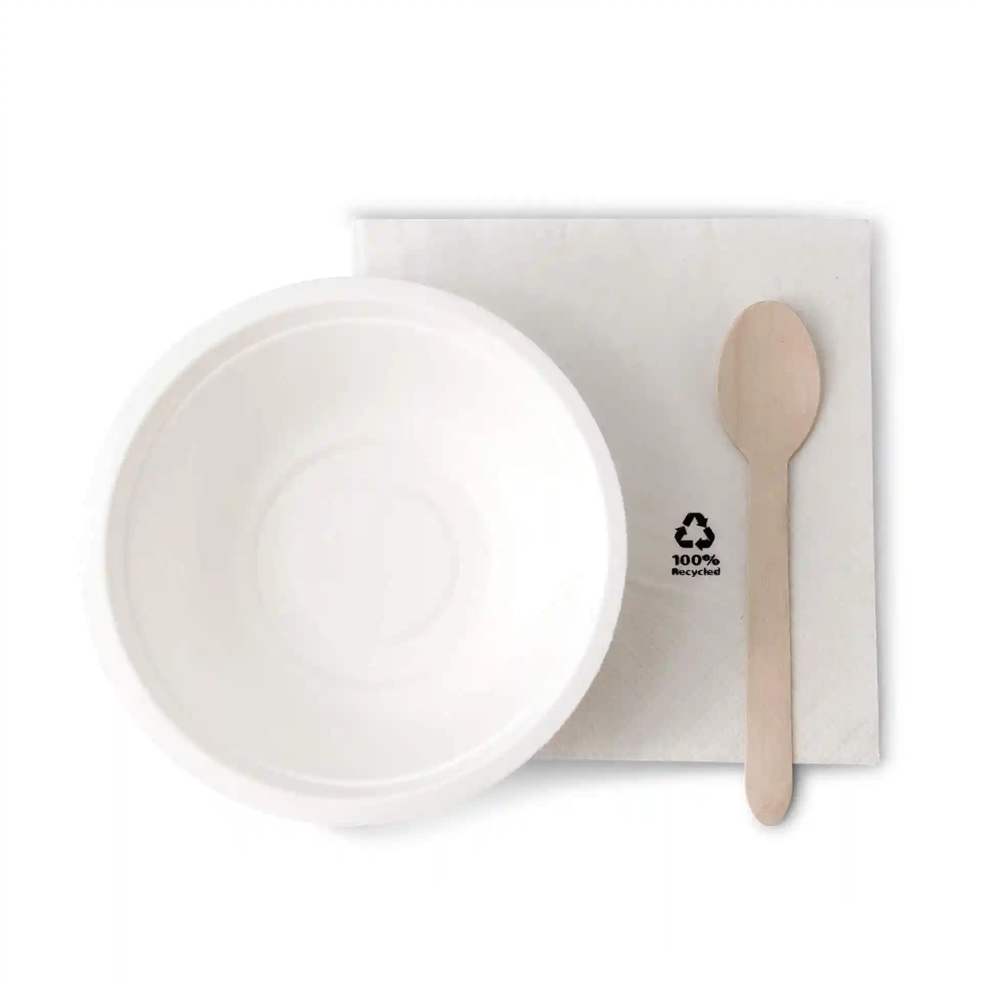 Bol rond en canne à sucre blanc d'une capacité de 500 ml, accompagné d'une cuillère en bois et d'une serviette.
