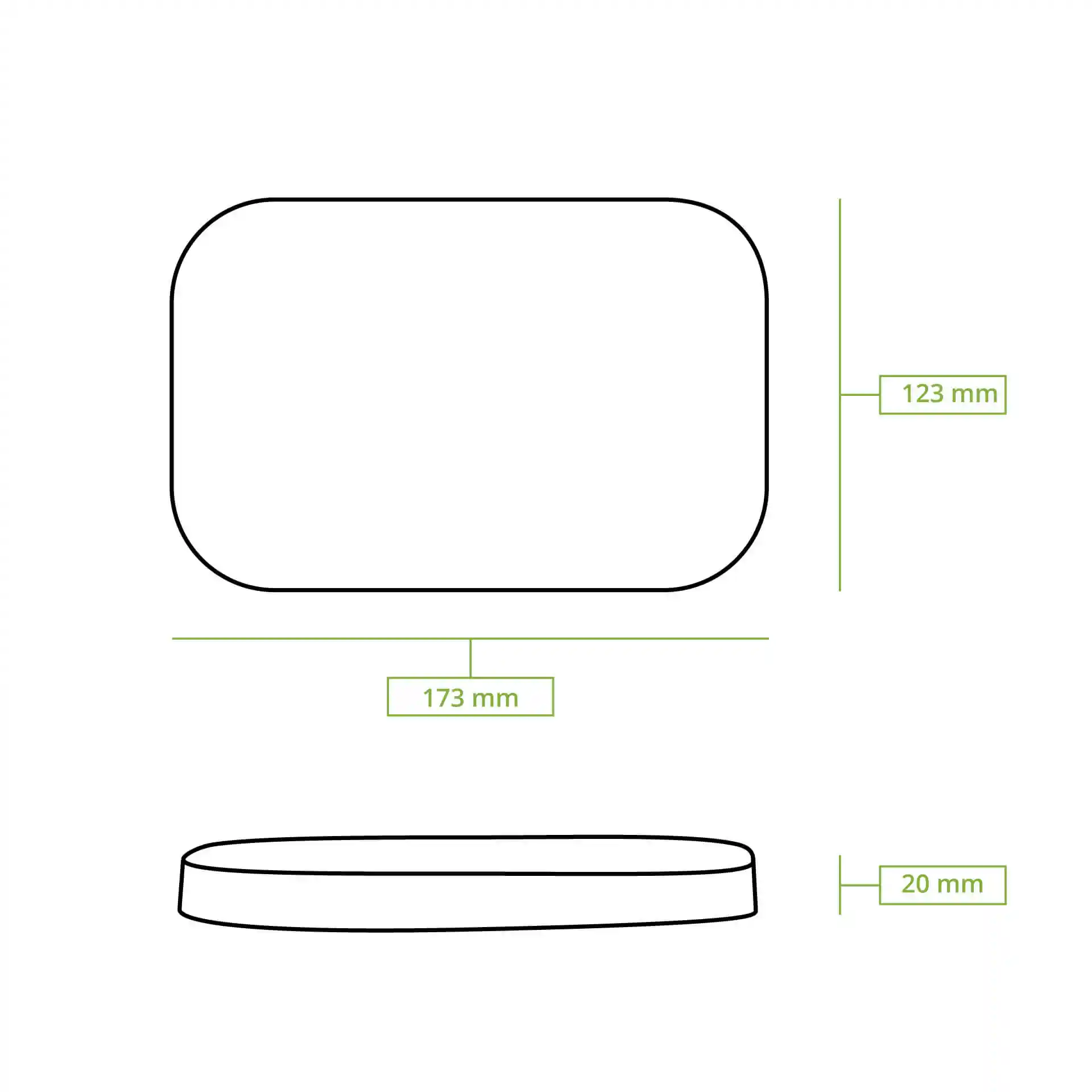 Dessin schématique d'un couvercle en carton rectangulaire avec des dimensions de 173 mm de longueur, 123 mm de largeur et 20 mm de hauteur.