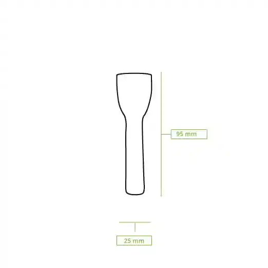 Dessin schématique d'une cuillère à glace en papier, 95 mm de long et 25 mm de large, présenté sous forme de contour.