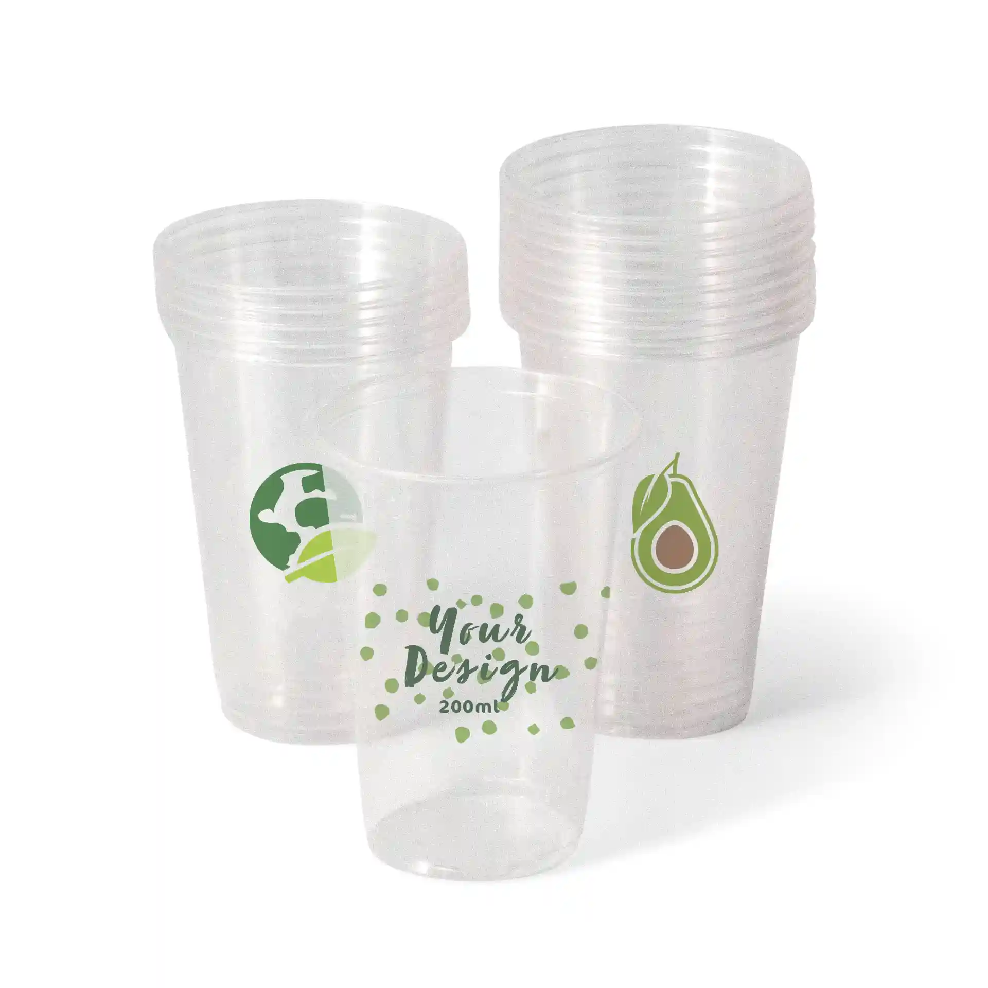 Gobelets PLA transparents de 8 oz avec des motifs imprimés, y compris un globe et un avocat, empilés avec un gobelet devant.
