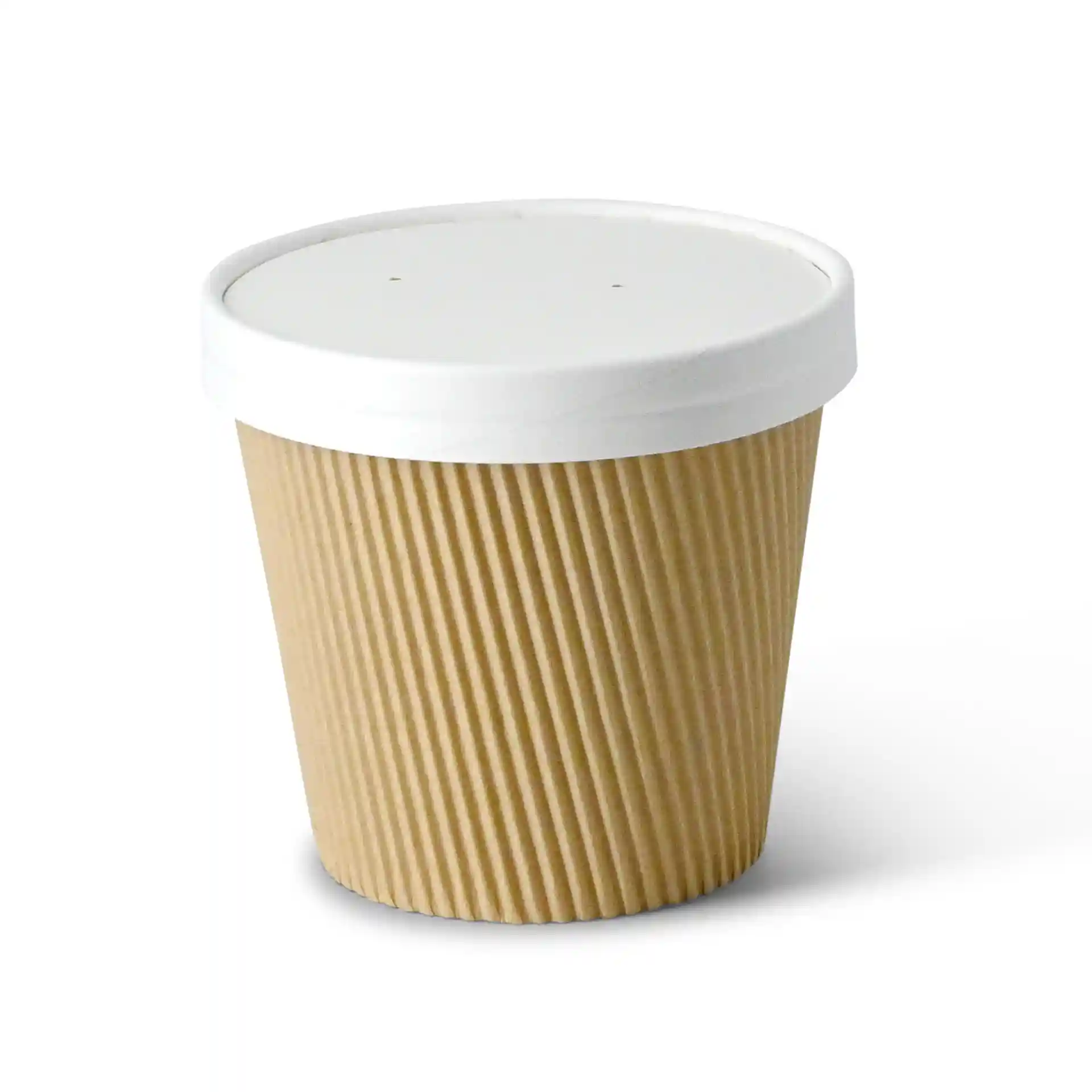 Bol en carton kraft rond avec un couvercle blanc, texture nervurée et revêtement écologique.