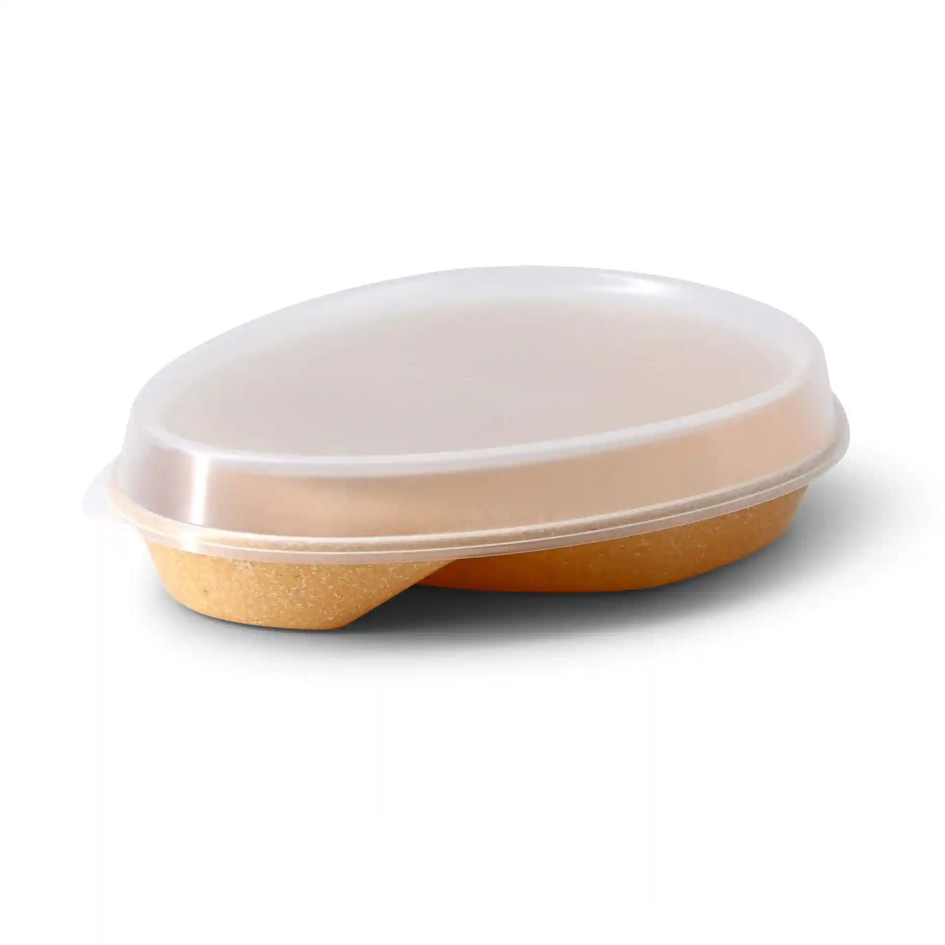 Assiette divisée réutilisable avec un couvercle transparent, en forme de goutte, base marron et deux compartiments.