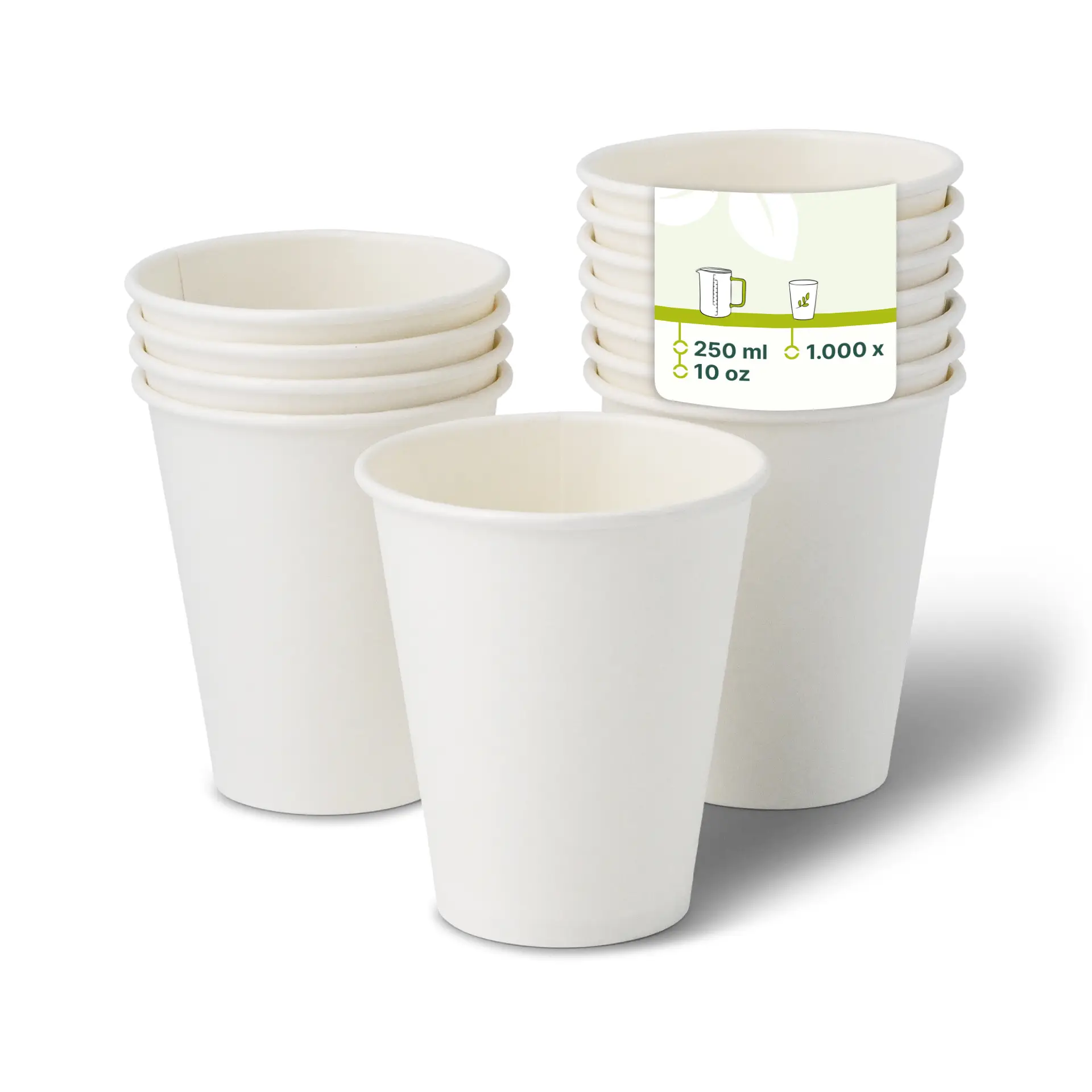Gobelets en papier blancs empilés, montrant un gobelet droit avec une étiquette indiquant une capacité de 250 ml et un volume de 10 oz.
