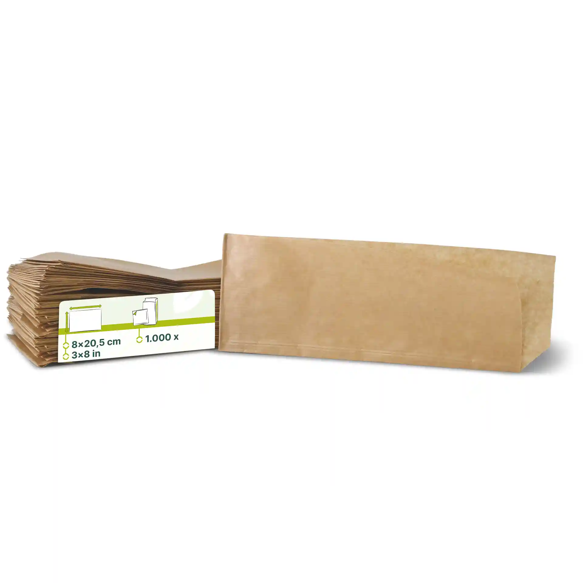Papier d'emballage alimentaire brun pour hot-dogs, mesurant 8 x 20,5 cm, empilé avec une étiquette visible indiquant les dimensions.