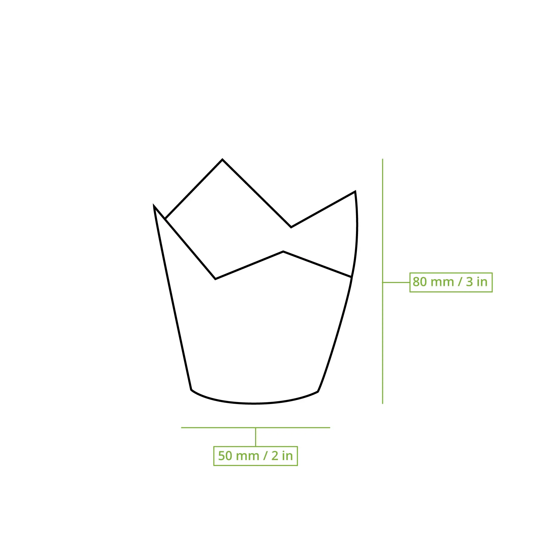 Illustration d'un cup à muffins en papier avec dimensions ; diamètre de 50 mm et hauteur de 80 mm, en papier anti-graisse marron.