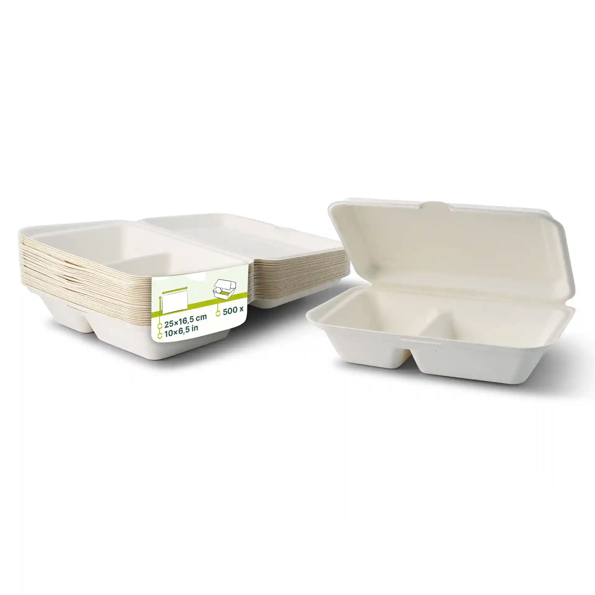 Contenants de menu rectangulaires en canne à sucre crème blanche avec deux compartiments et un couvercle à charnière, empilés avec un ouvert.