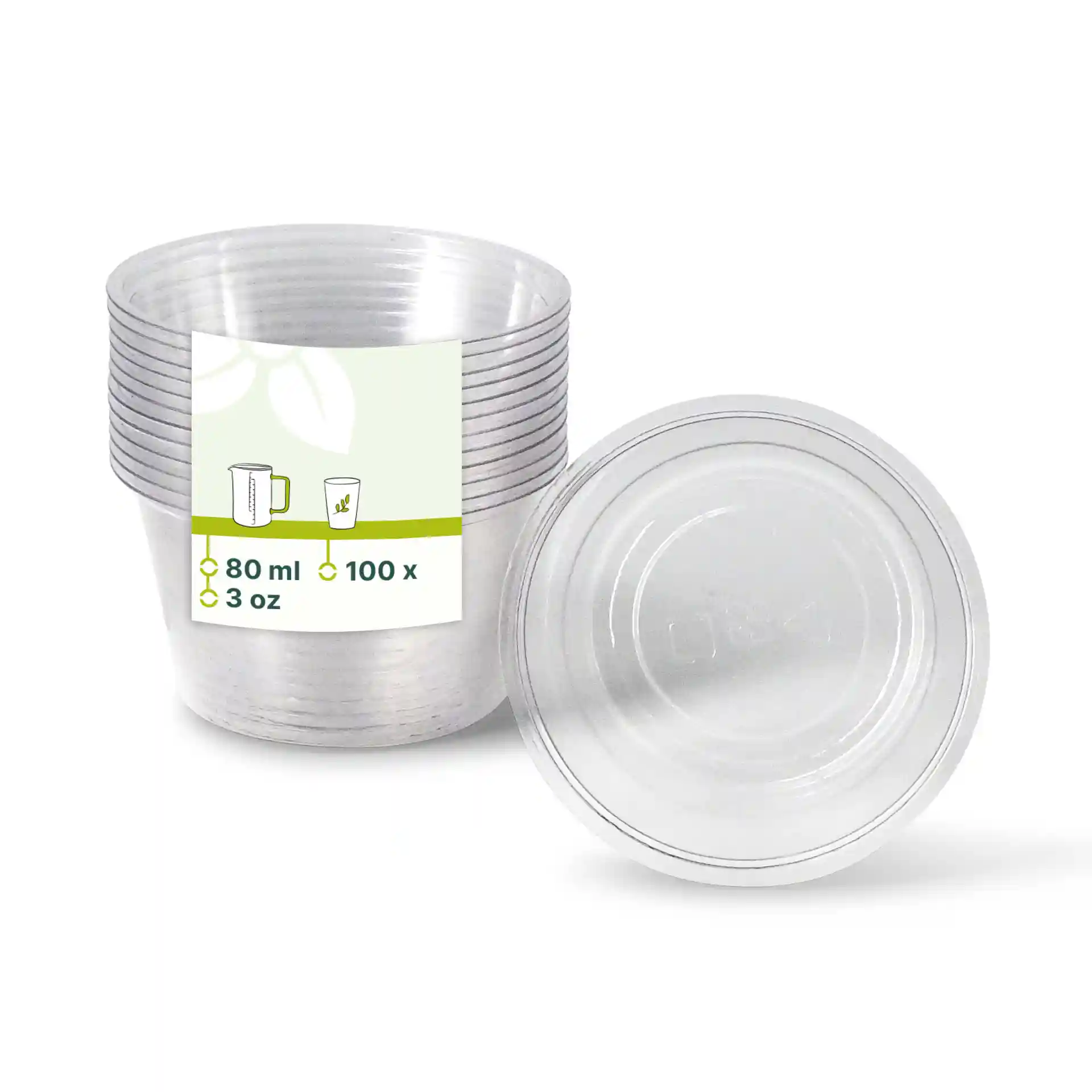 Gobelets en PLA transparents, capacité de 80 ml, empilés avec une étiquette indiquant les dimensions et la quantité.