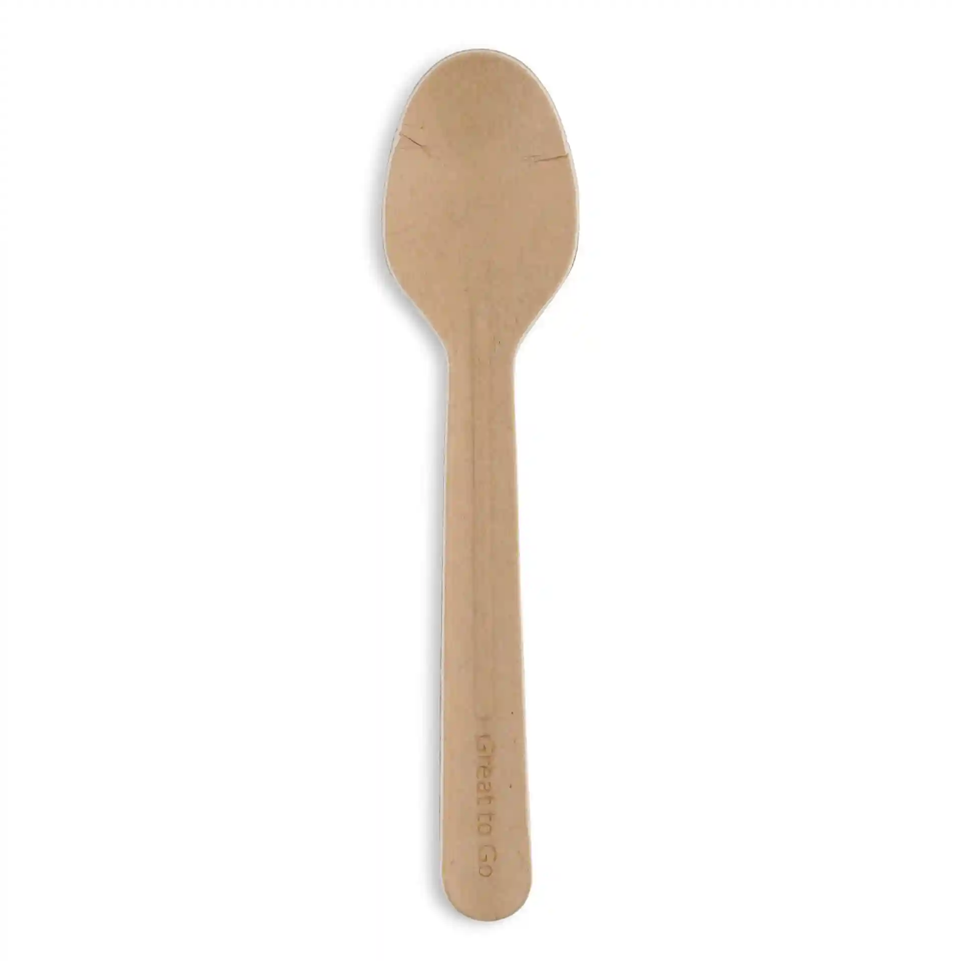 Cuillère en papier marron, 16,5 cm de long, avec une surface lisse et une extrémité arrondie, sur fond blanc.