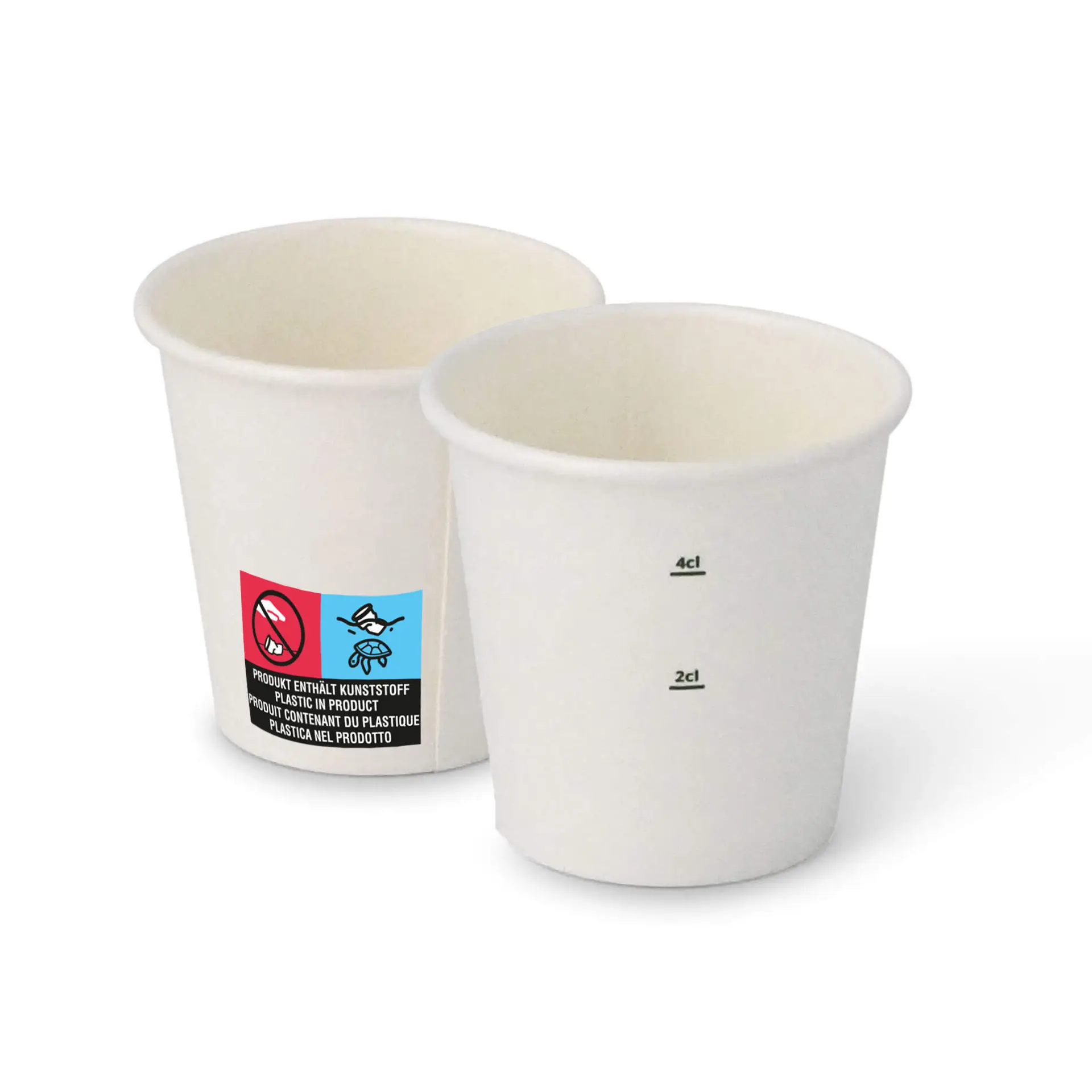 Gobelets blancs de forme ronde, avec des repères de mesure pour 2 cl et 4 cl sur le côté.