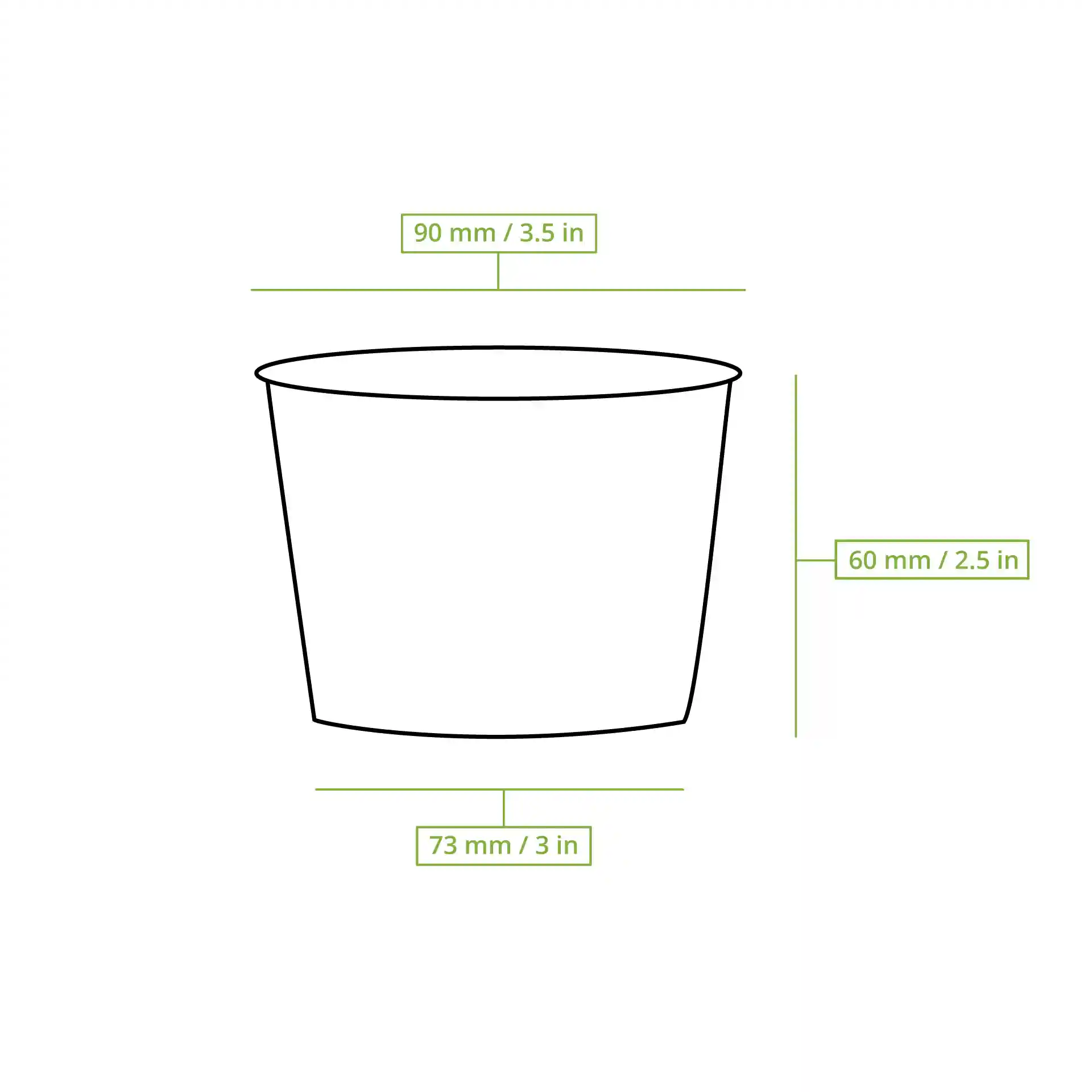 Dessin schématique d'un gobelet en carton rond pour soupe avec dimensions : diamètre supérieur 90 mm, hauteur 60 mm, diamètre inférieur 73 mm.