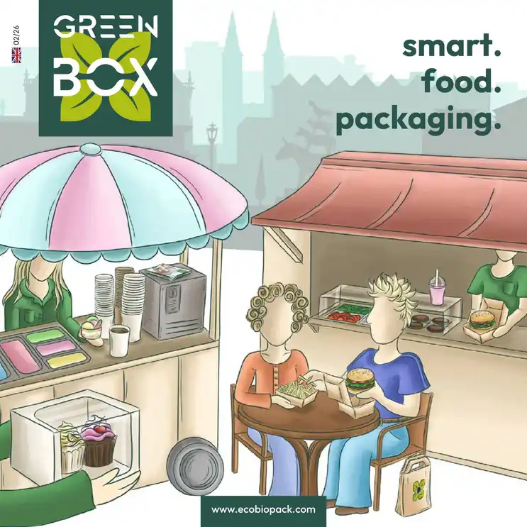 Illustration d'une scène de marché alimentaire avec un vendeur sous un auvent rayé, des clients à des tables et divers aliments exposés.