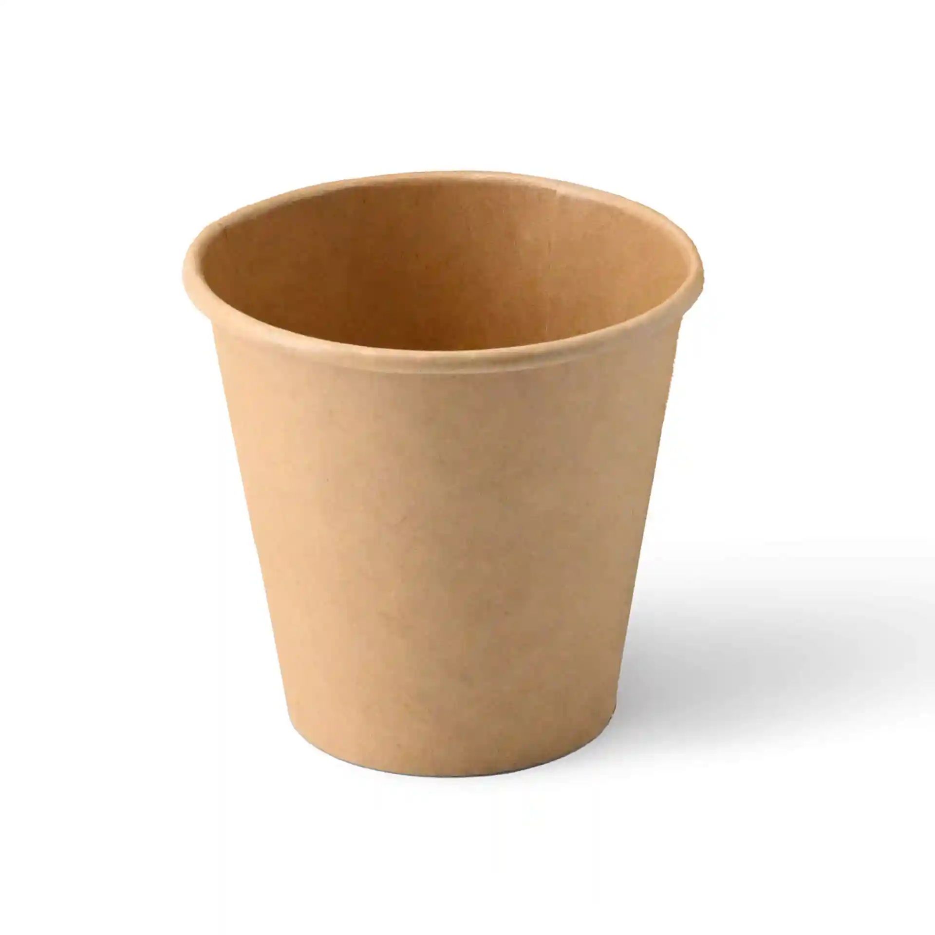 Gobelet en papier brun de forme ronde, capacité de 6 oz, en carton, montré sous un angle.