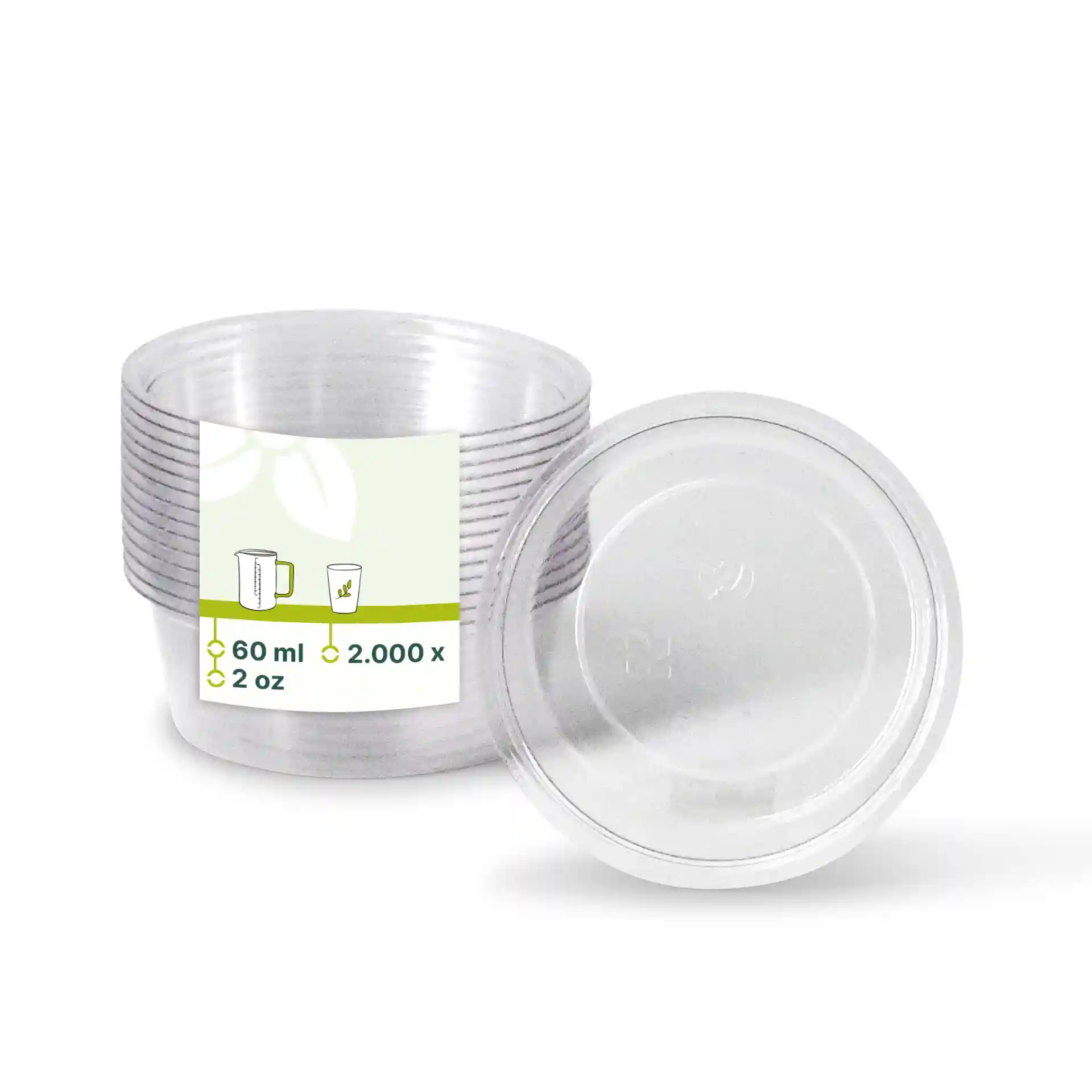 Gobelets en PLA transparents d'un diamètre de 70 mm et d'une hauteur de 25 mm, empilés avec une étiquette indiquant les mesures.
