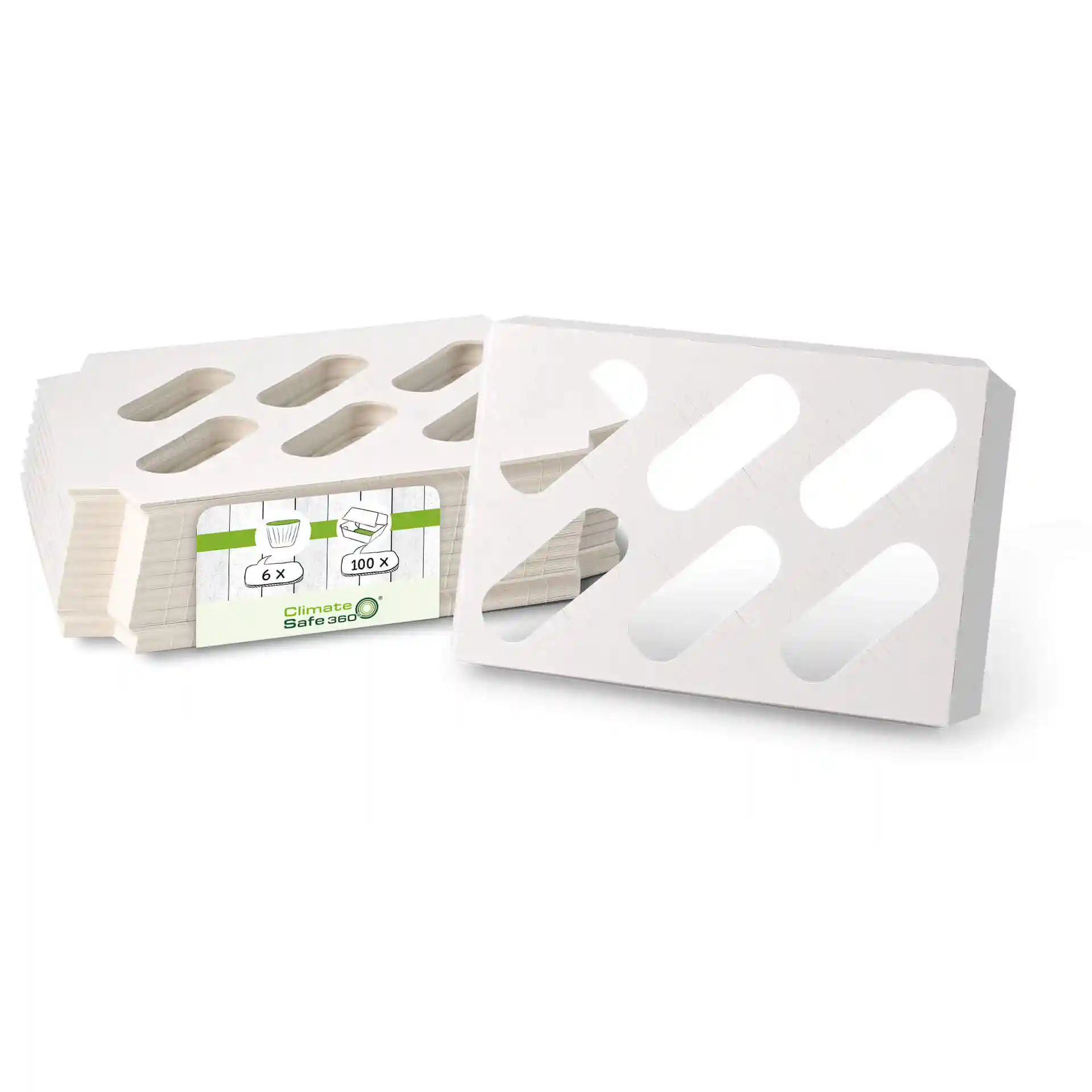 Inserts en carton blanc pour boîtes à cupcakes, avec des formes découpées et une étiquette indiquant 6 pièces par paquet.