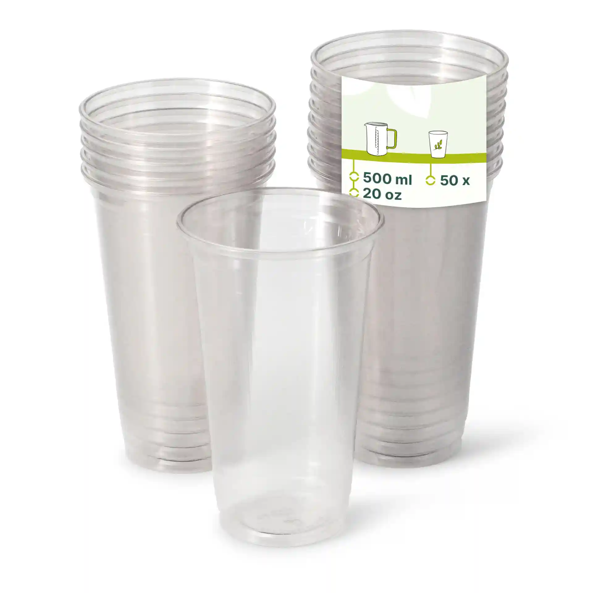 Gobelets transparents de 20 oz en rPET empilés avec un gobelet devant, montrant une étiquette avec les détails du volume.
