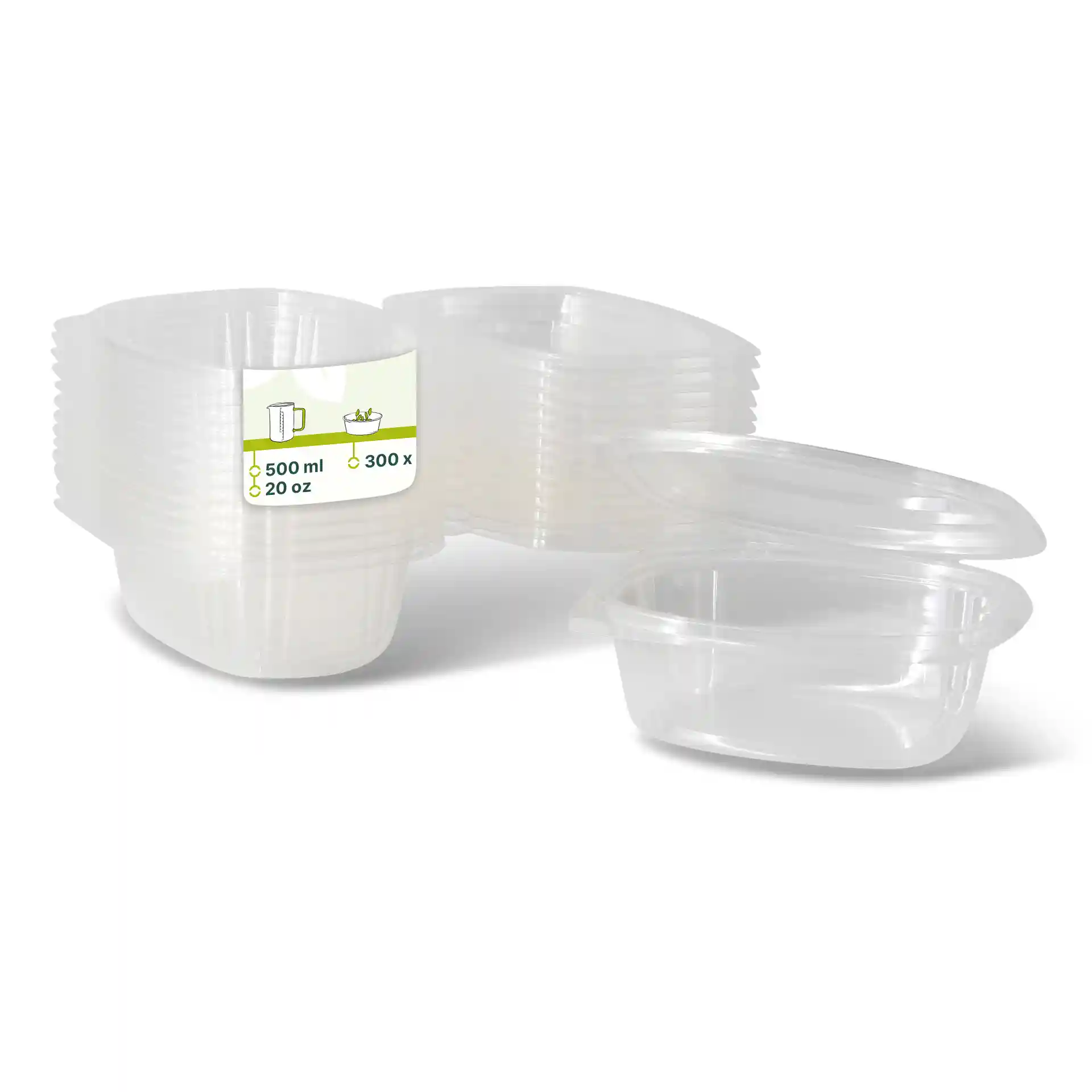 Bols rectangulaires en PLA transparents avec couvercles pliants, montrant plusieurs conteneurs empilés et un ouvert.
