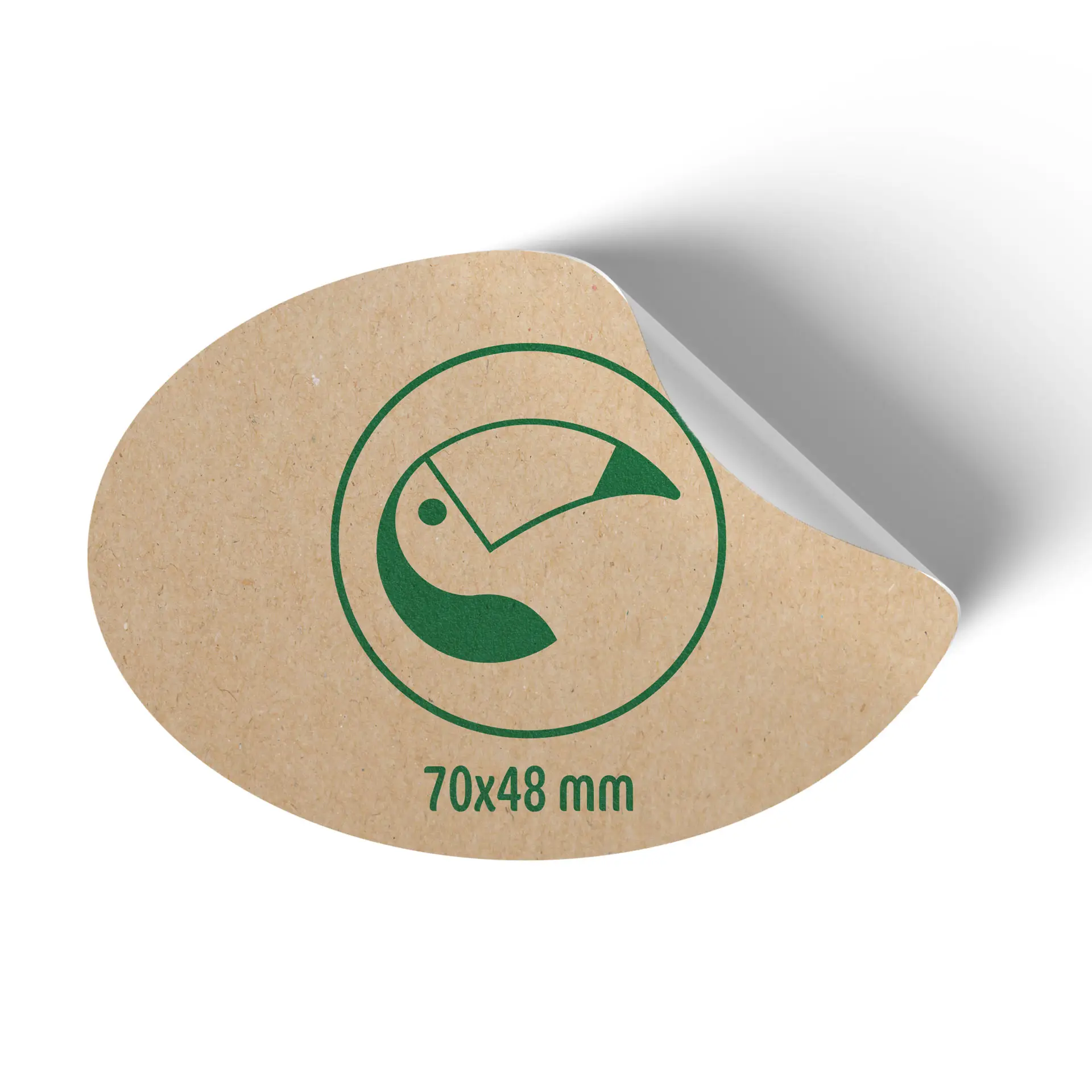 Étiquette imprimée ovale en papier kraft brun, avec un design vert, mesurant 70x48 mm.