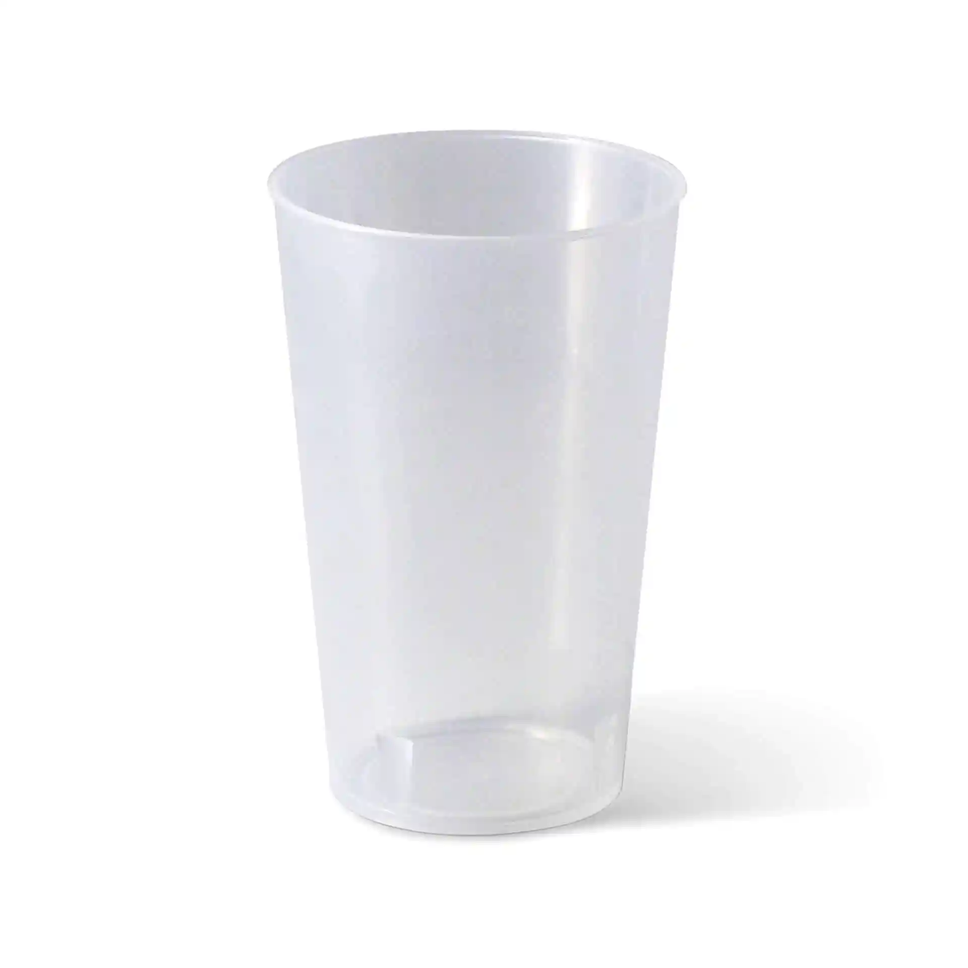 Gobelet réutilisable transparent d'une hauteur de 117 mm et d'un diamètre supérieur de 77 mm.