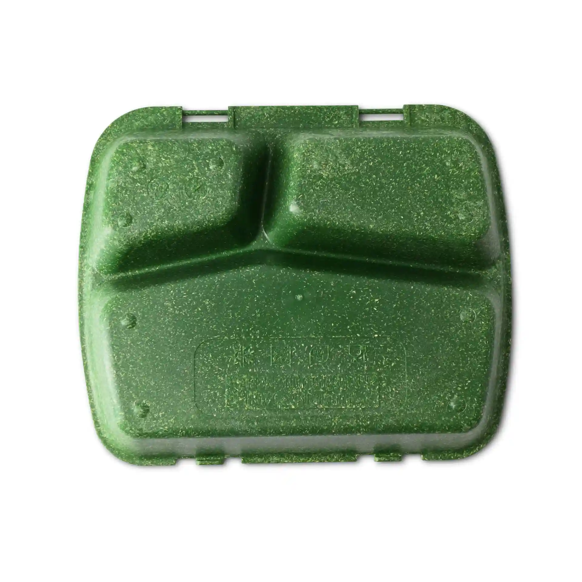 Conteneur de repas réutilisable vert avec trois compartiments, mesurant 24,5 x 20 x 4,5 cm.