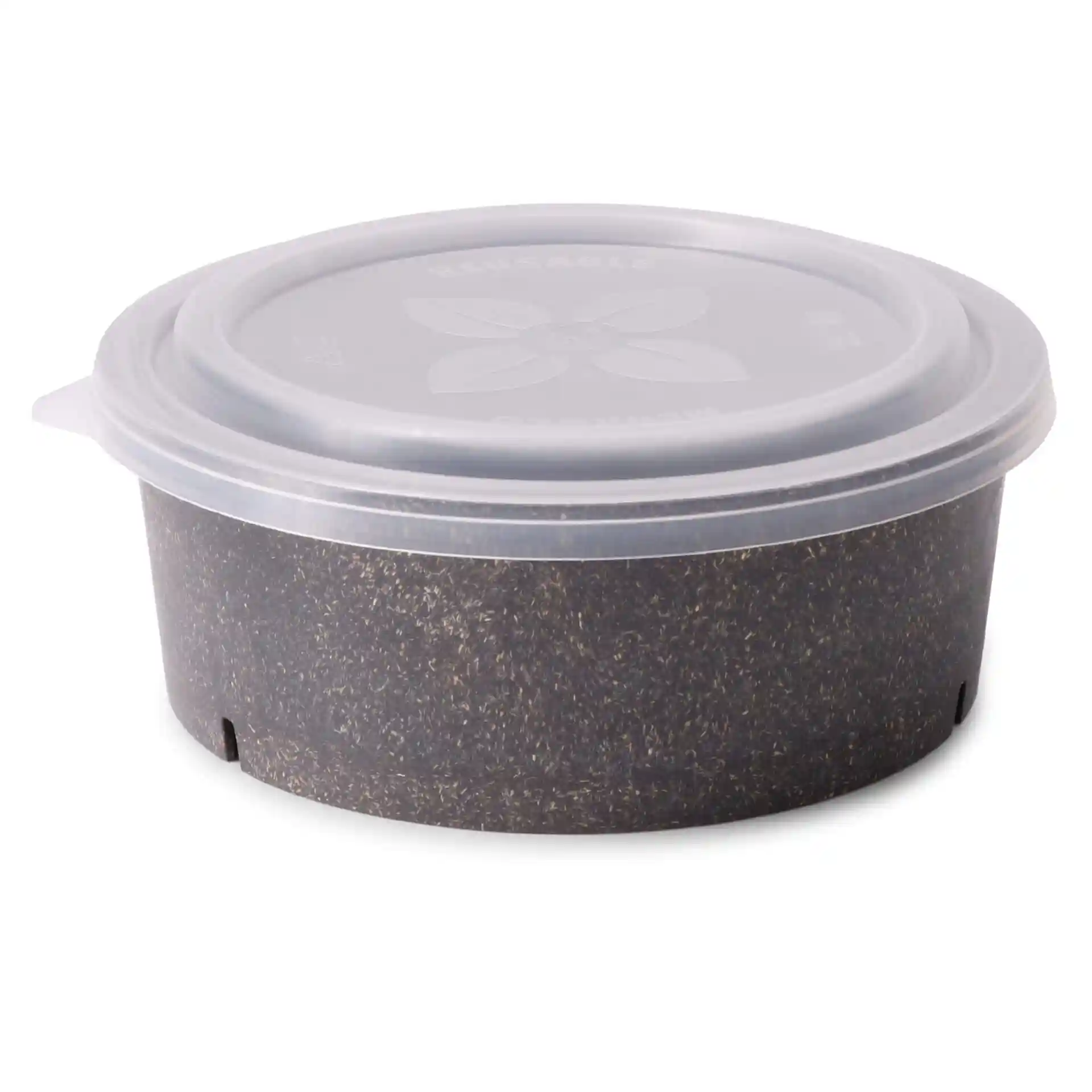 Bol rond gris réutilisable avec couvercle transparent, mesurant 185 mm de diamètre et 68 mm de hauteur.