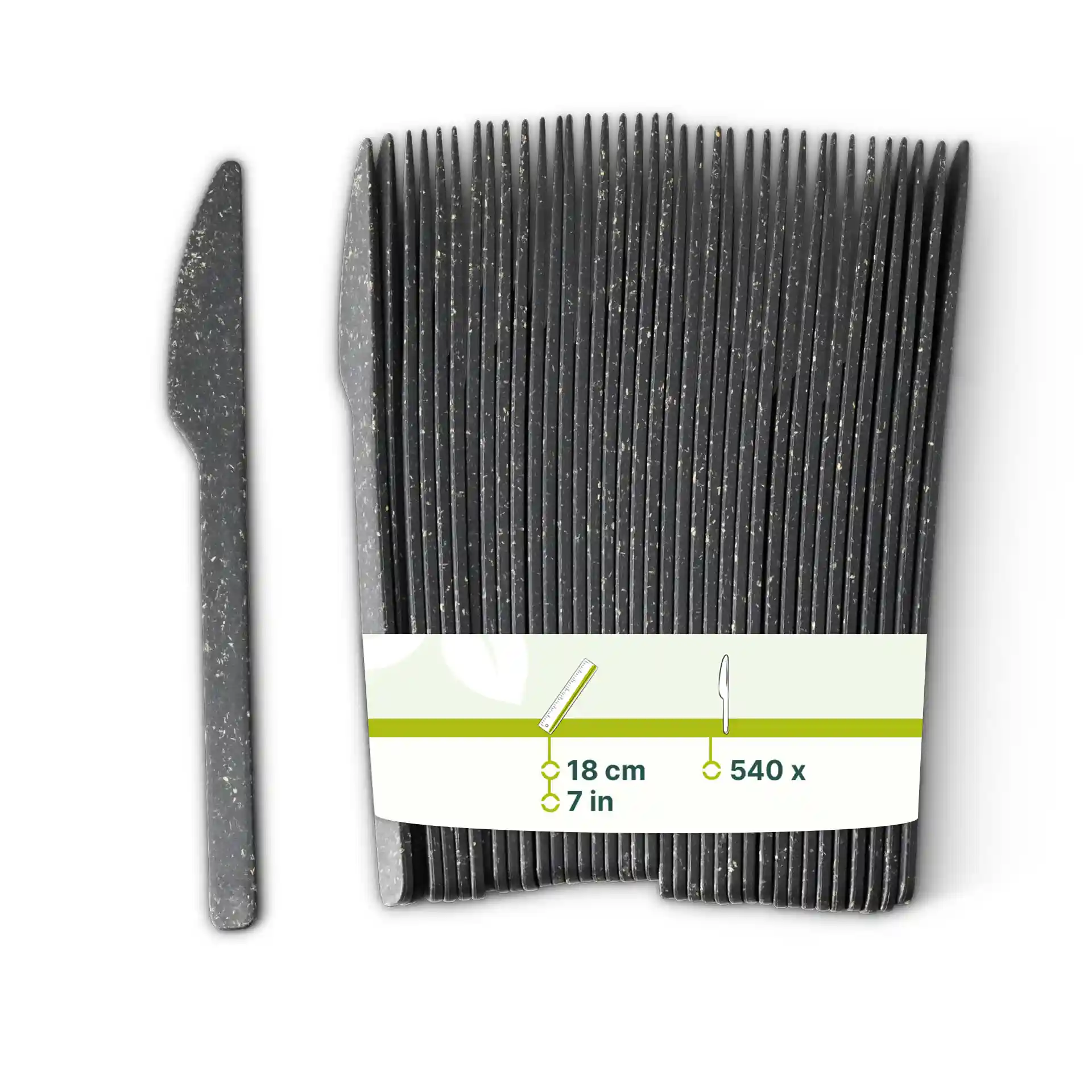 Couteau réutilisable noir en composé bio, présenté avec plusieurs couteaux similaires et une étiquette indiquant les dimensions et la quantité.