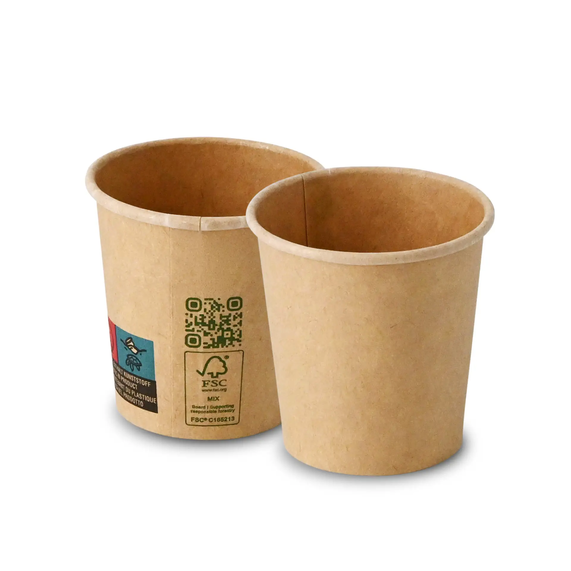 Gobelet en papier brun à paroi simple, 100 ml, revêtu de PLA; affiché avec un autre gobelet en arrière-plan pour le contexte.