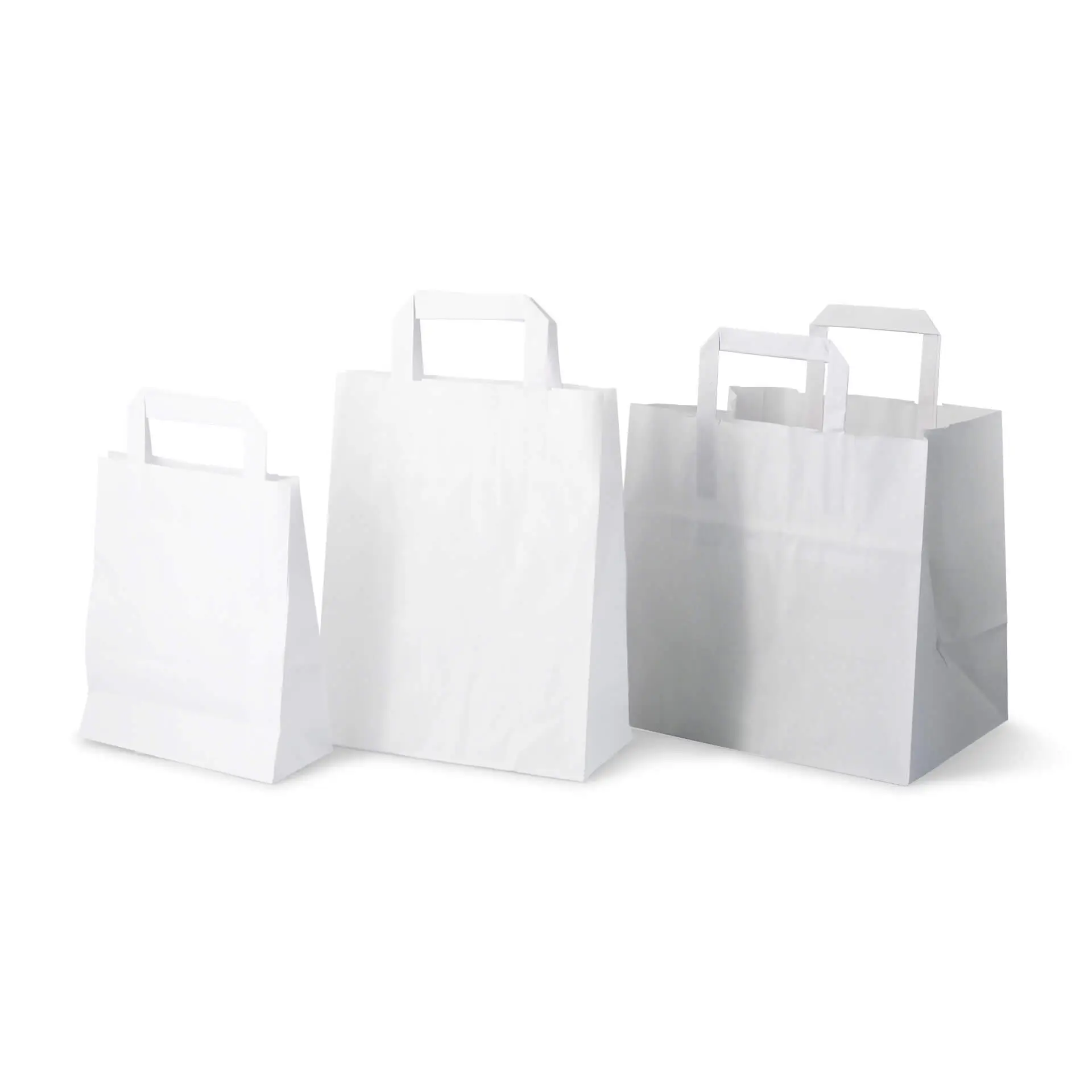 Sacs en papier kraft blancs de trois tailles, adaptés pour des courses légères et des plats à emporter, durables et biodégradables.