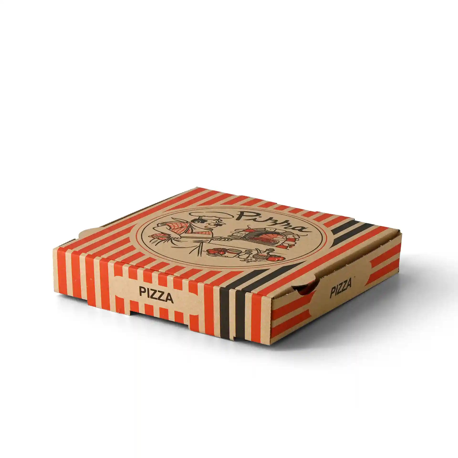 Boîte à pizza avec un design de chef pizzaiolo, marron avec des rayures rouges et noires, mesurant 26 x 26 x 4 cm.