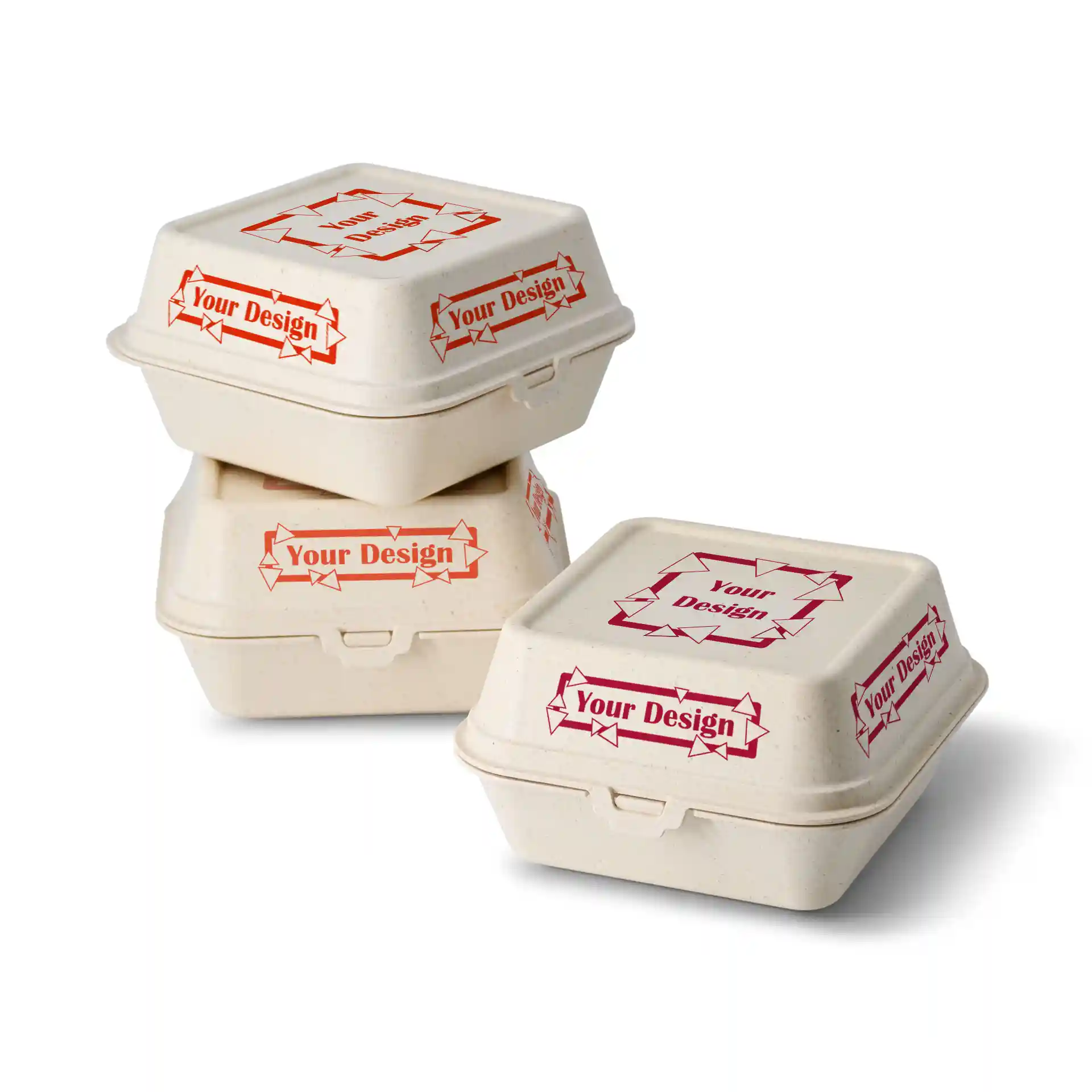 Empilement de boîtes à burgers réutilisables imprimées, blanches crème, de forme rectangulaire avec des étiquettes de design visibles.