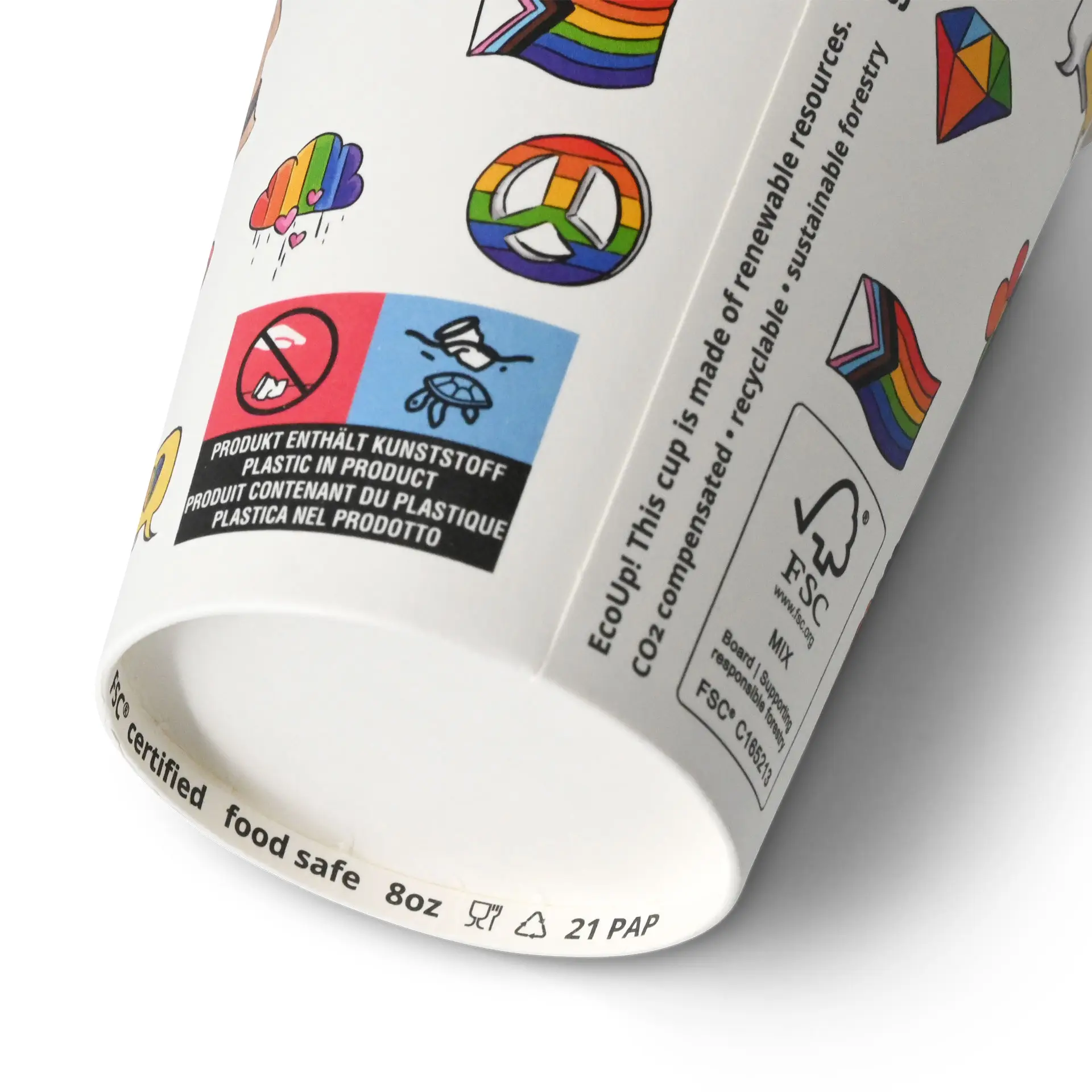 Gobelet en carton imprimé "Pride" (revêtu) 200 ml / 8 oz, Ø 80 mm, blanc con10034-01-1-pappbecher-bedruckt-pride-beschichtet-200-ml-8-oz-80-mm-weiss-3