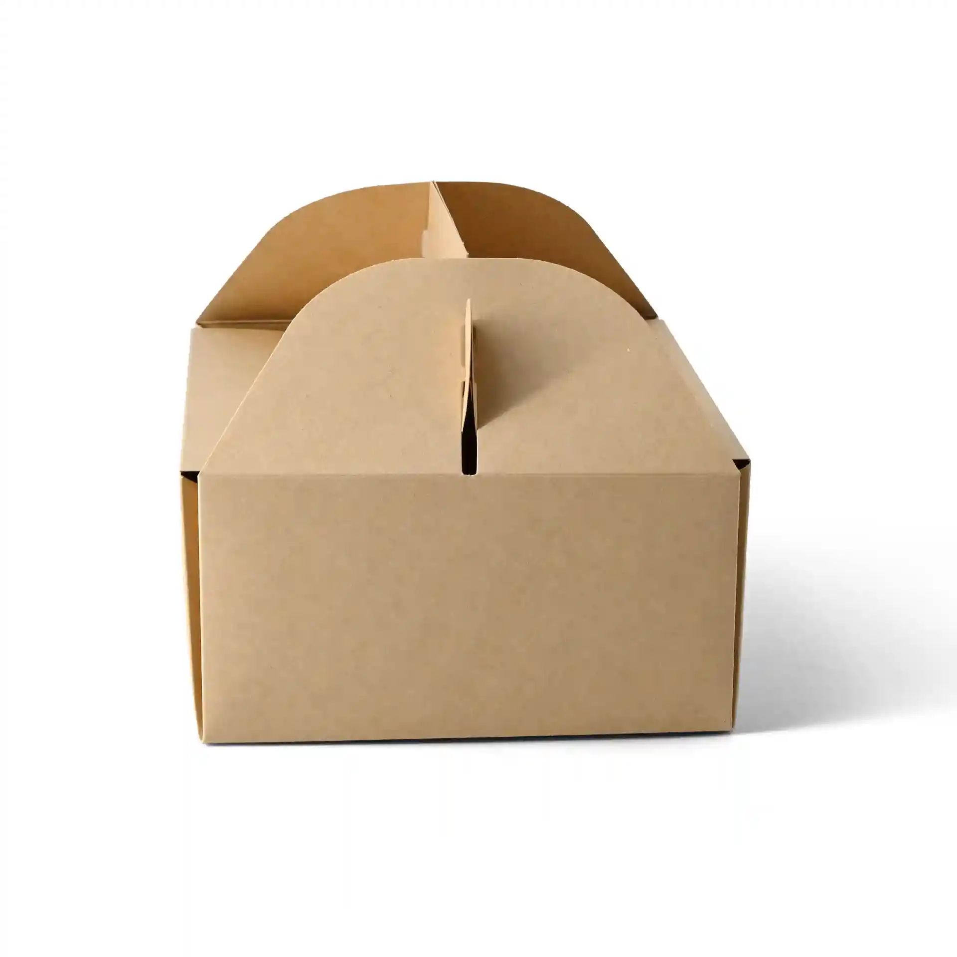 Boîte à pâtisserie en carton rectangulaire marron avec poignée, design pliable, dimensions 21 x 17 x 9 cm.