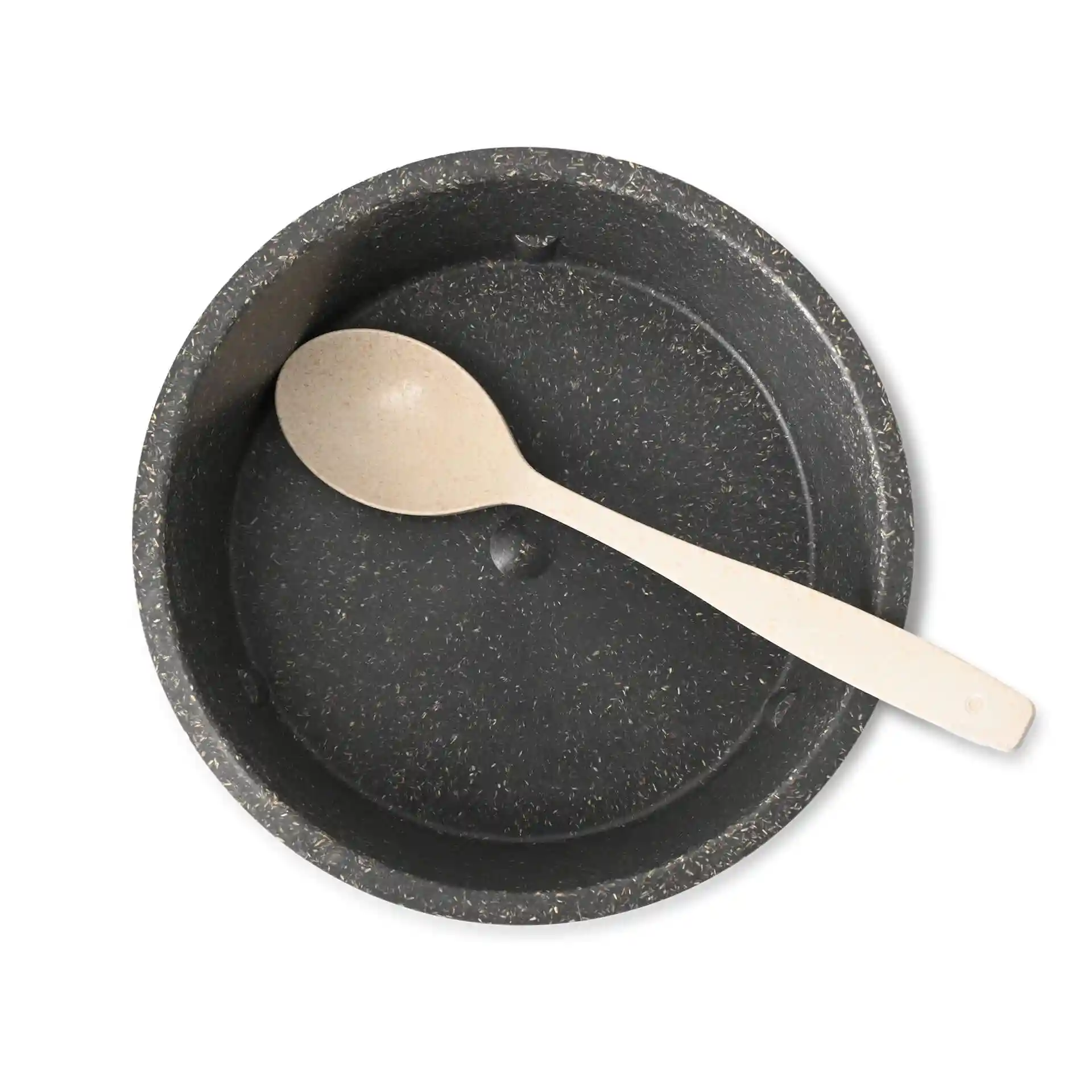 Bol rond gris réutilisable d'une capacité de 650 ml avec une cuillère beige à l'intérieur.