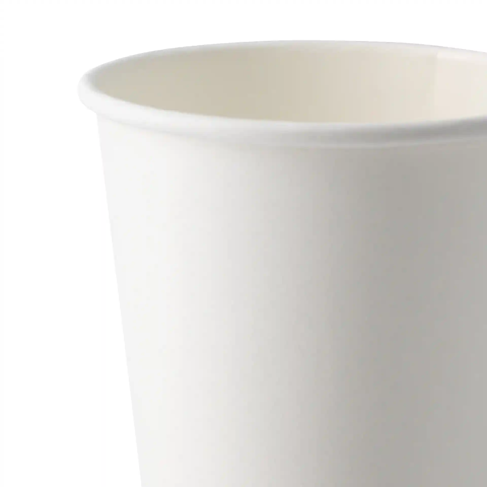 Gobelet en papier blanc à paroi simple, capacité de 200 ml et diamètre de 80 mm, montrant le bord supérieur et l'intérieur.