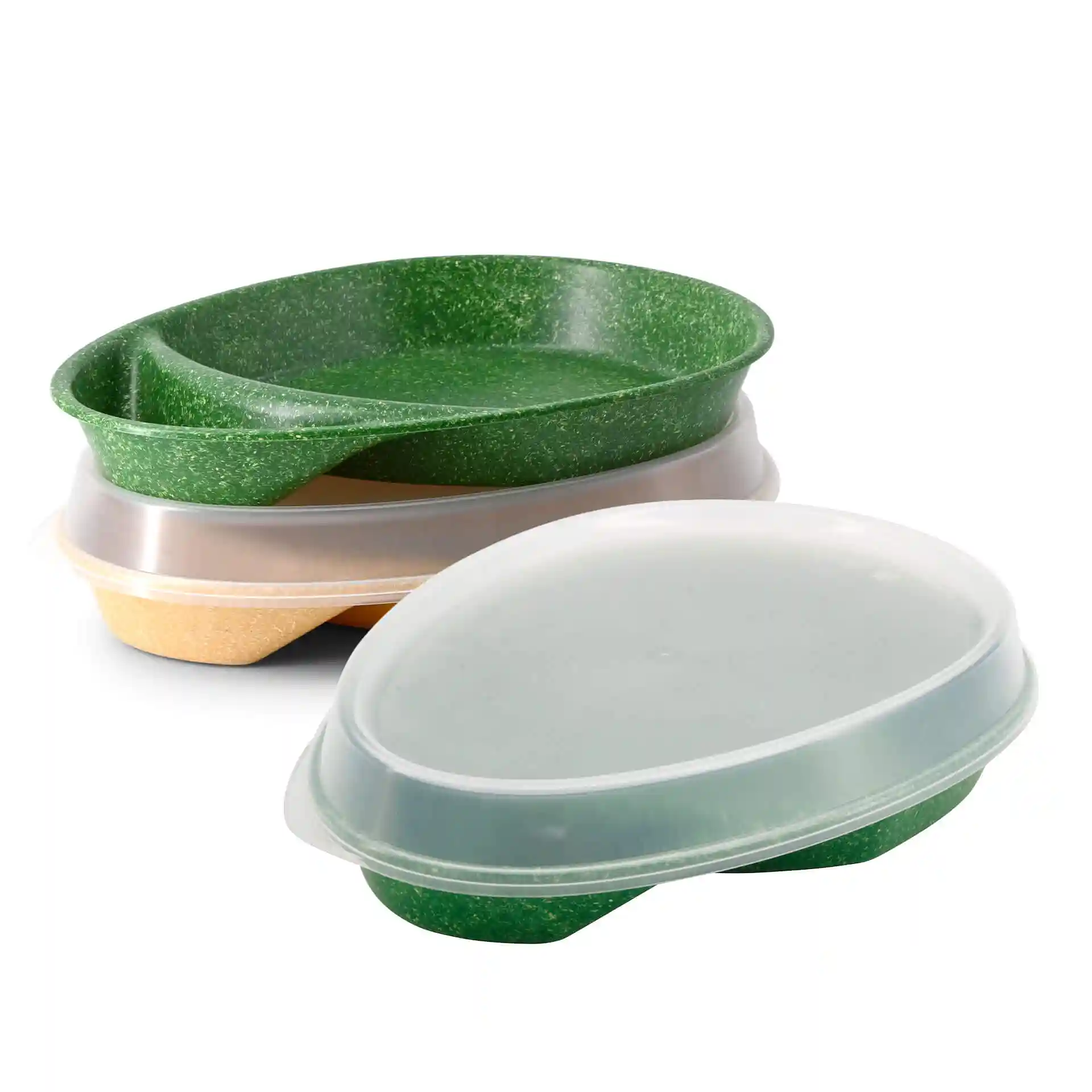 Trois assiettes divisées réutilisables en vert foncé, avec deux compartiments et un couvercle transparent.