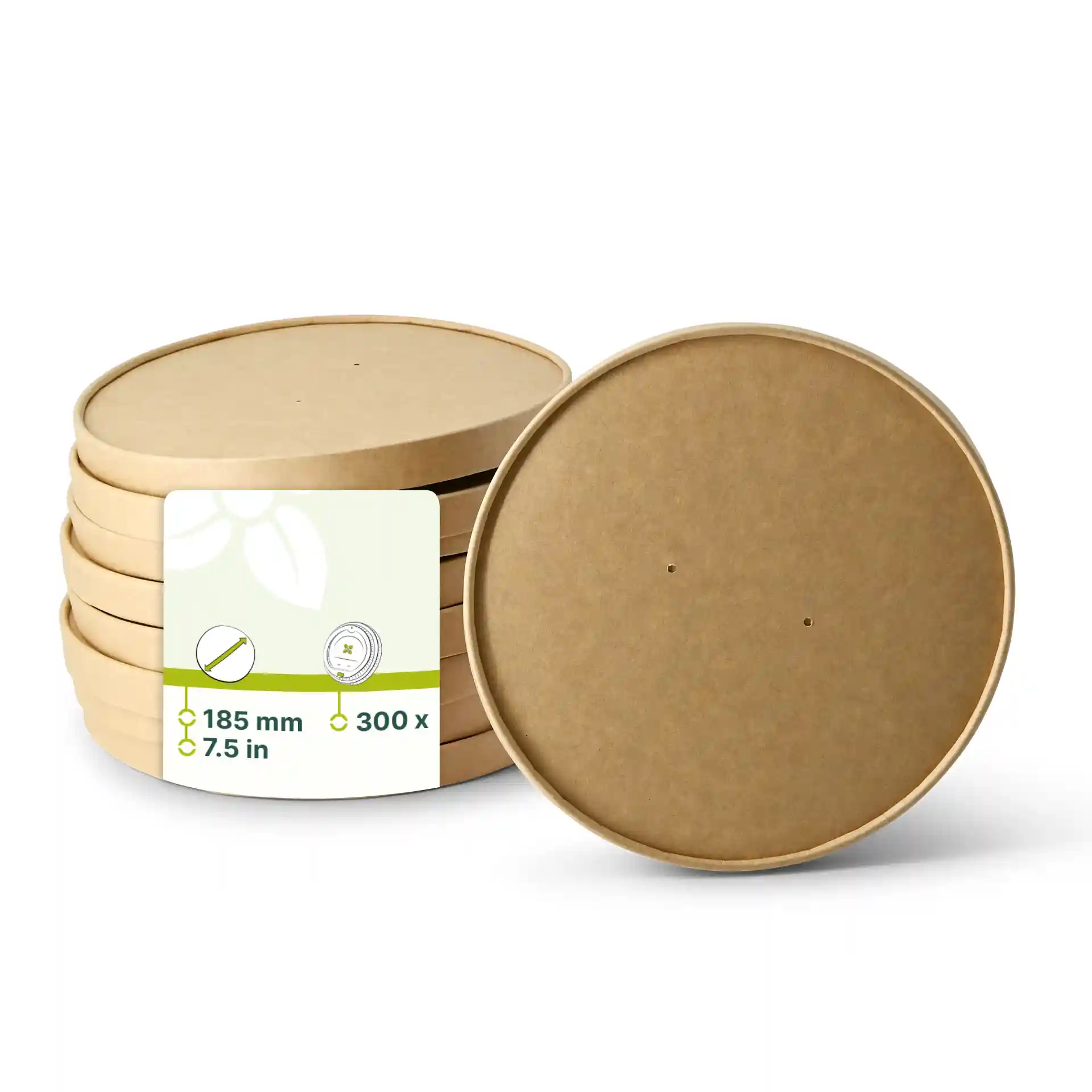 Couvercles ronds en carton brun d'un diamètre de 185 mm, empilés avec une étiquette indiquant les détails du produit.
