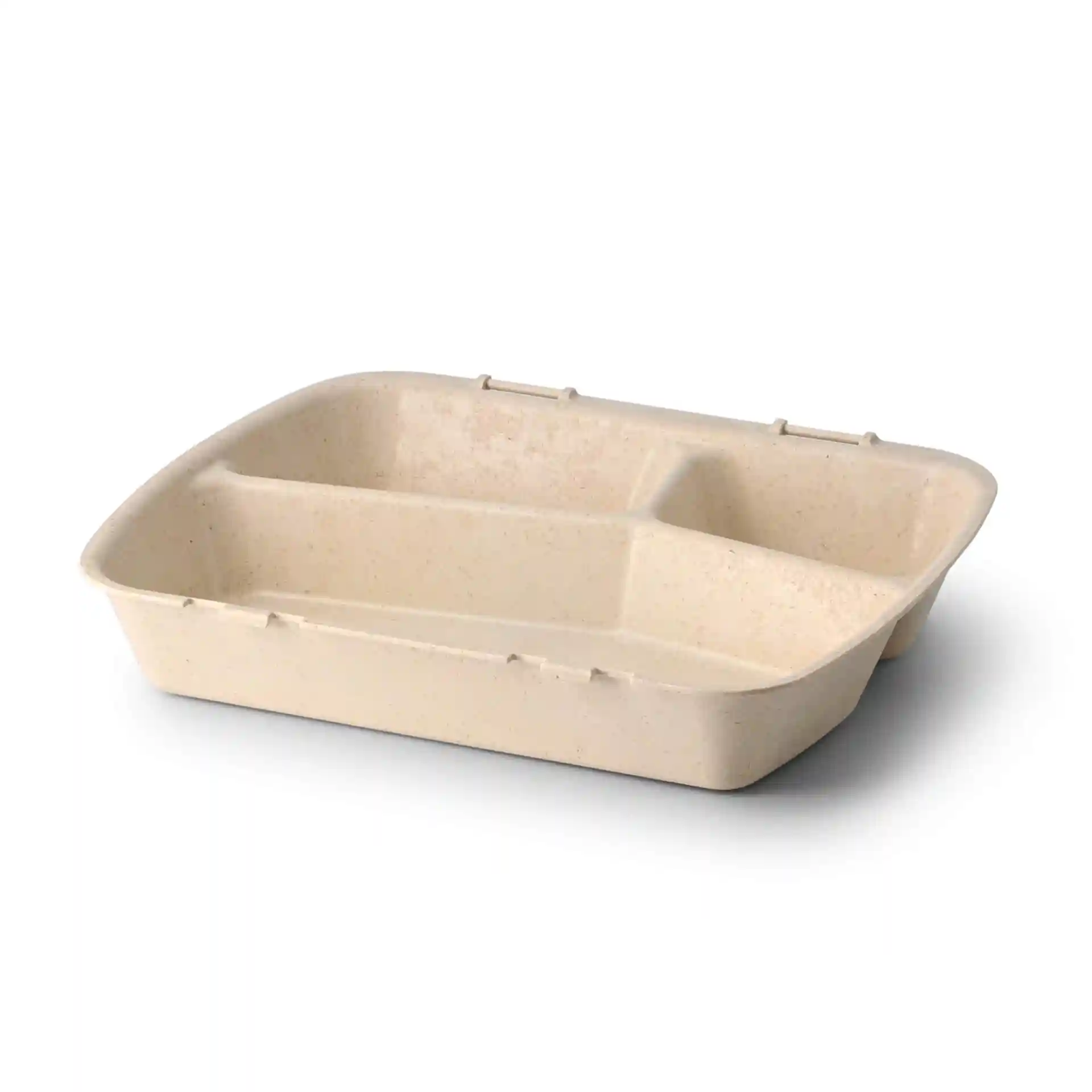 Conteneur de repas réutilisable avec trois compartiments, couleur blanc crème, dimensions 24,5 x 20 x 4,5 cm.