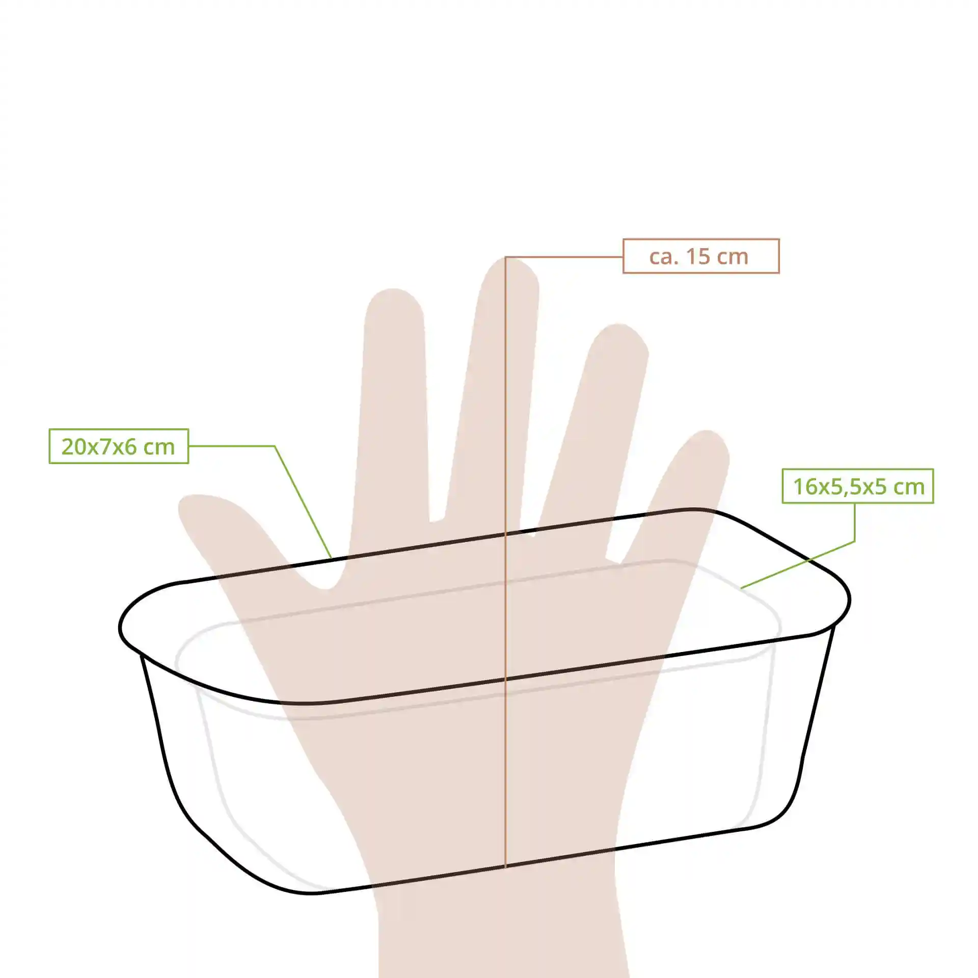 Dessin schématique d'un moule à gâteau rectangulaire de dimensions 20x7x6 cm, montré au-dessus d'une main pour l'échelle.