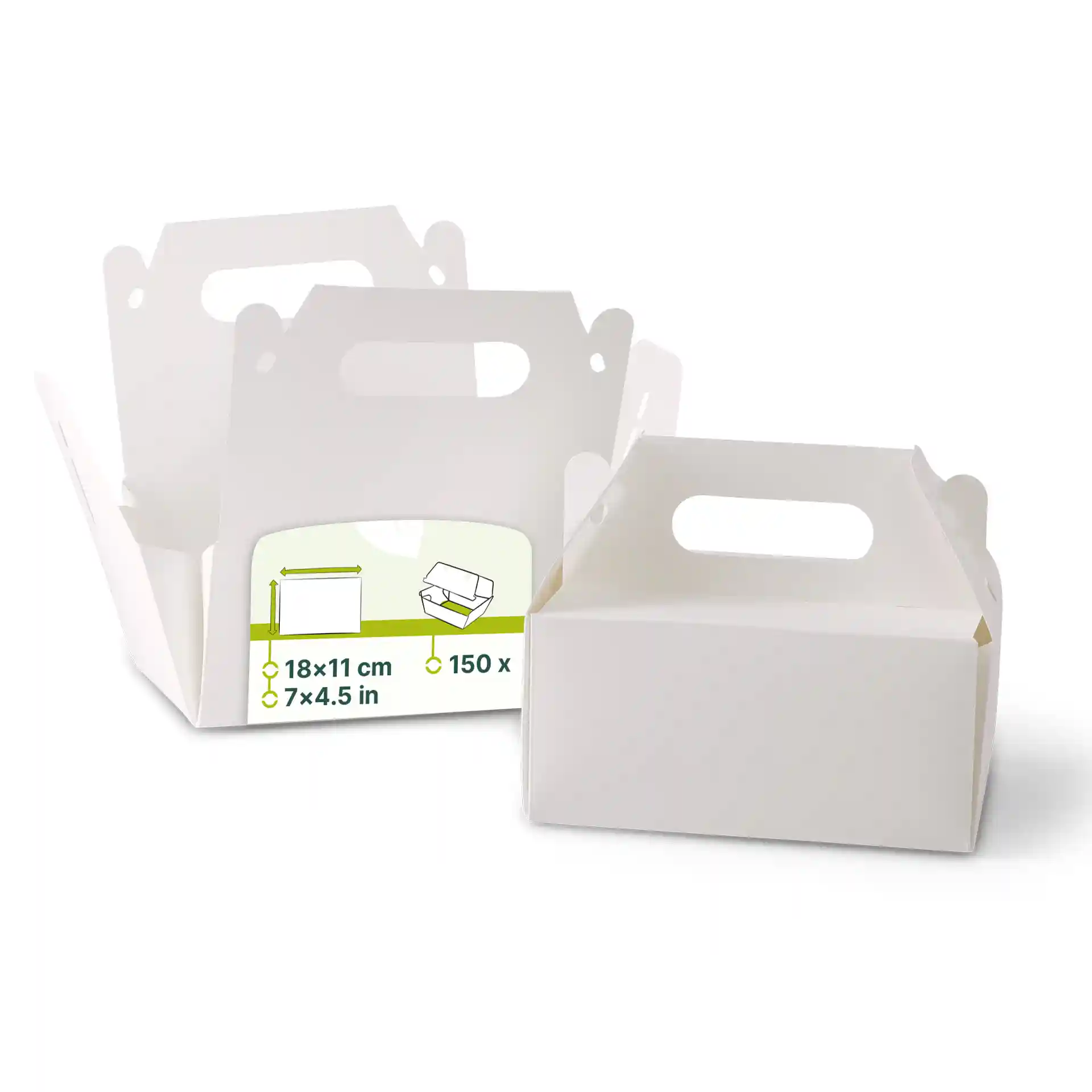 Boîtes à pâtisserie en carton blanc avec poignées, forme rectangulaire, dimensions 18 x 11 x 9 cm, deux boîtes montrées.