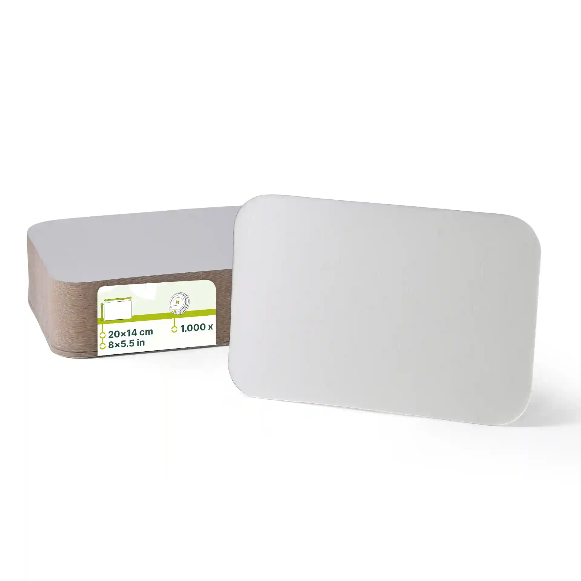 Couvercle en carton aluminium rectangulaire pour conteneur de 845 ml, mesurant 20 cm sur 14 cm, avec un fond marron clair.